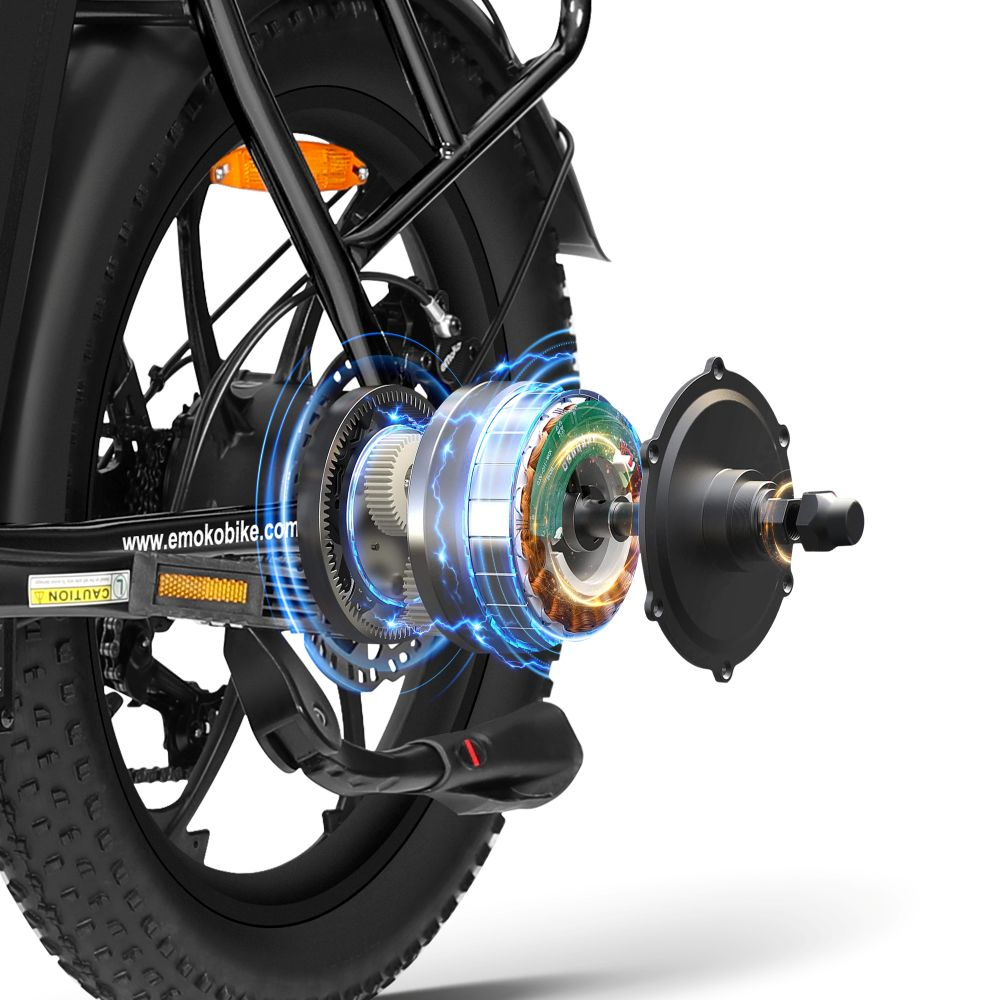 Vista esplosa di un motore mozzo posteriore e-bike con ingranaggi e avvolgimenti in rame.