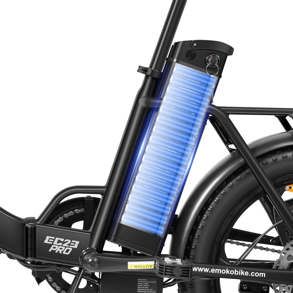 Primo piano di un telaio di bicicletta nero con batteria e corona illuminate.