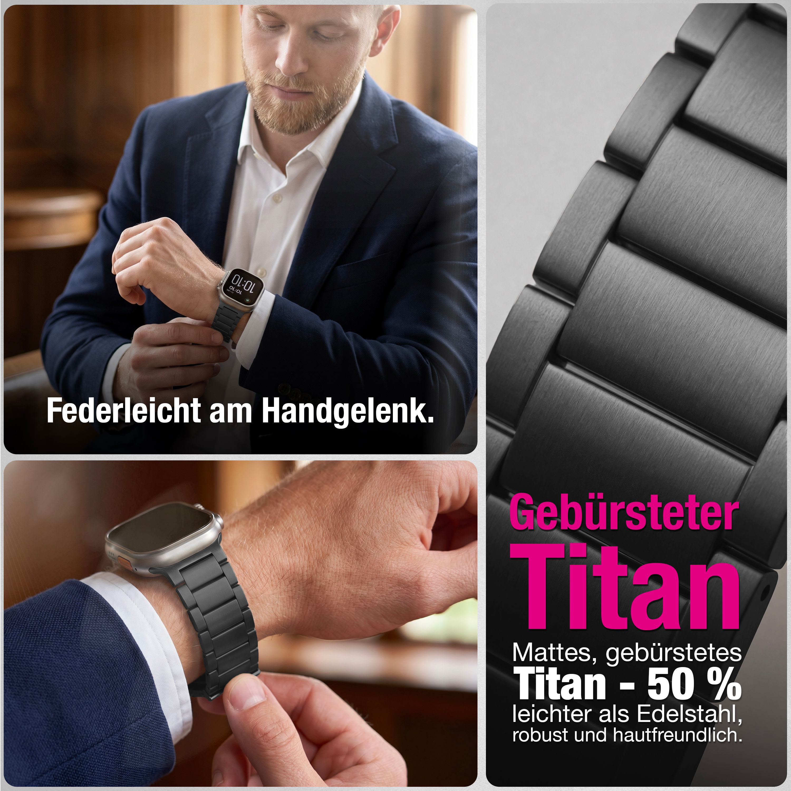 Mann mit Anzug prüft eine Smartwatch aus gebürstetem Titan.