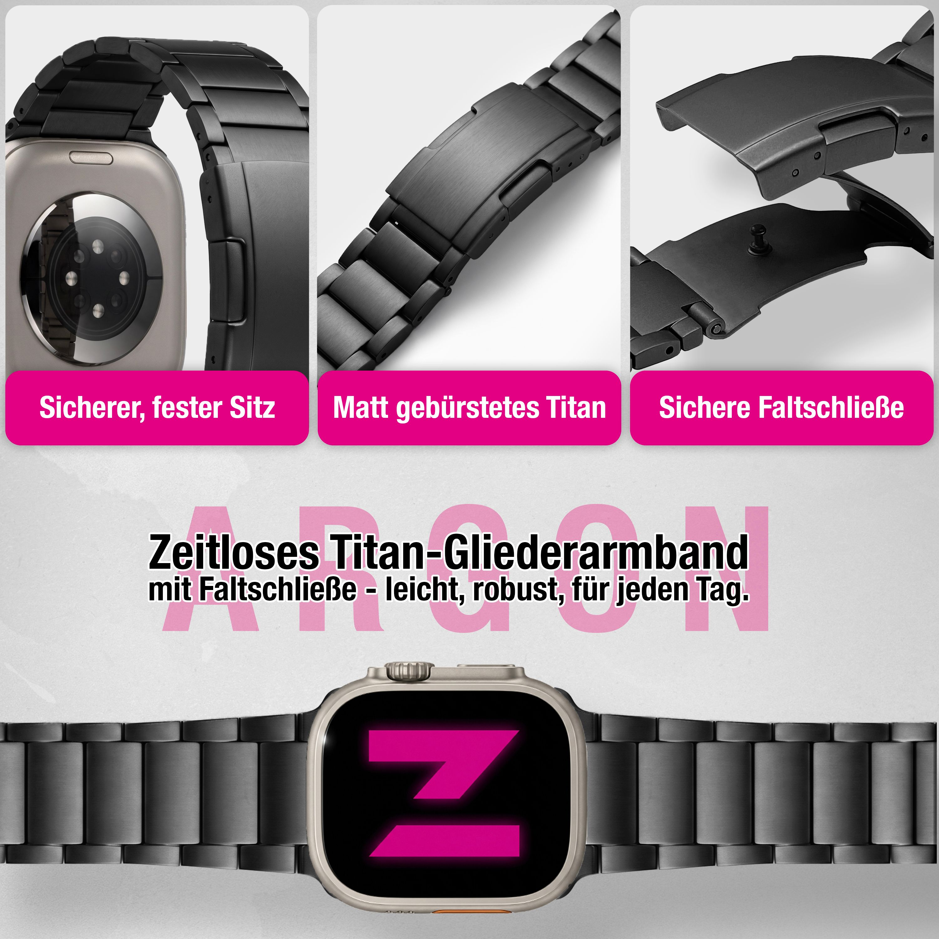 Graues Titan-Gliederarmband für eine Smartwatch mit Faltschließe.