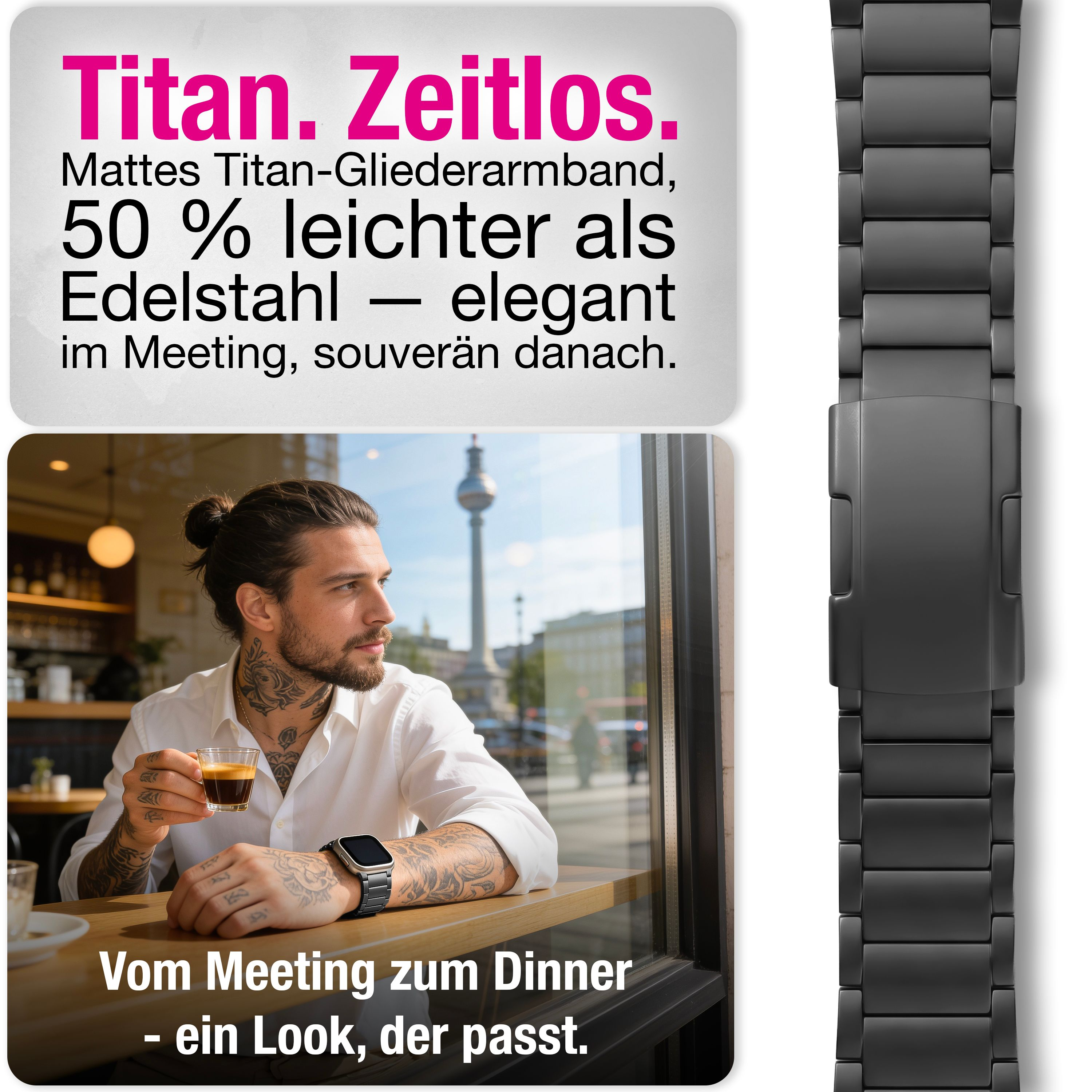 Ein Mann mit Tattoos trinkt Kaffee, daneben eine Titan-Uhr und Text über Eleganz.