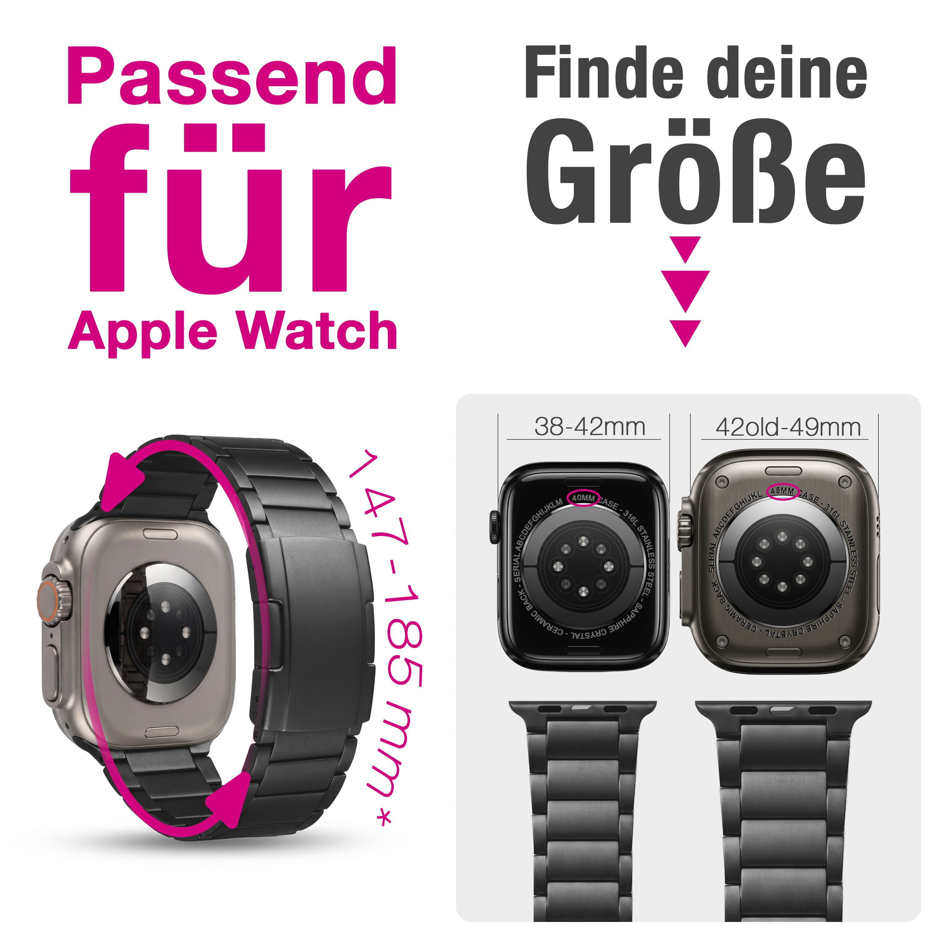 Passend für Apple Watch. Größen 38-42mm und 42-49mm.