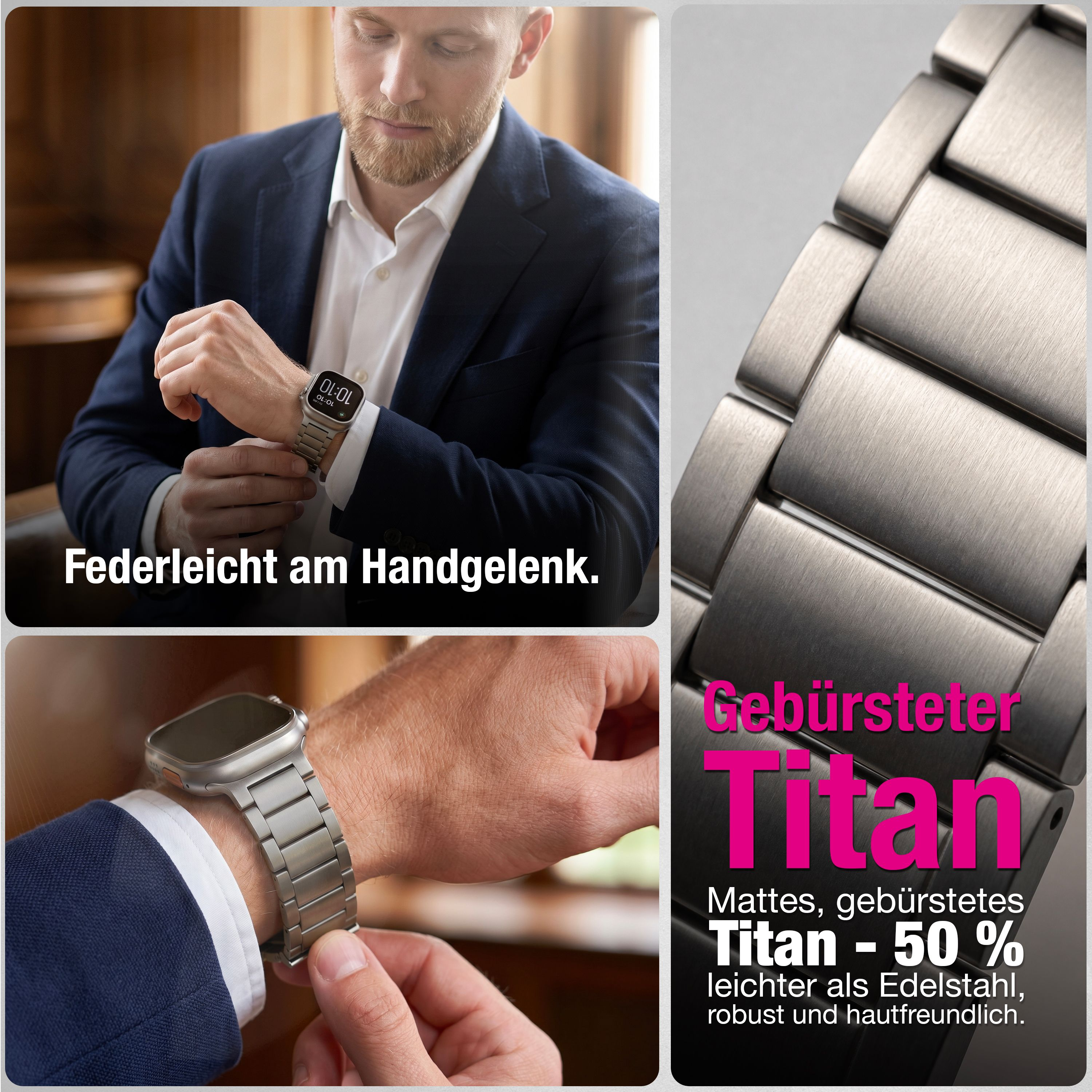 Mann mit smarter Uhr am Handgelenk, gebürstetes Titanband.