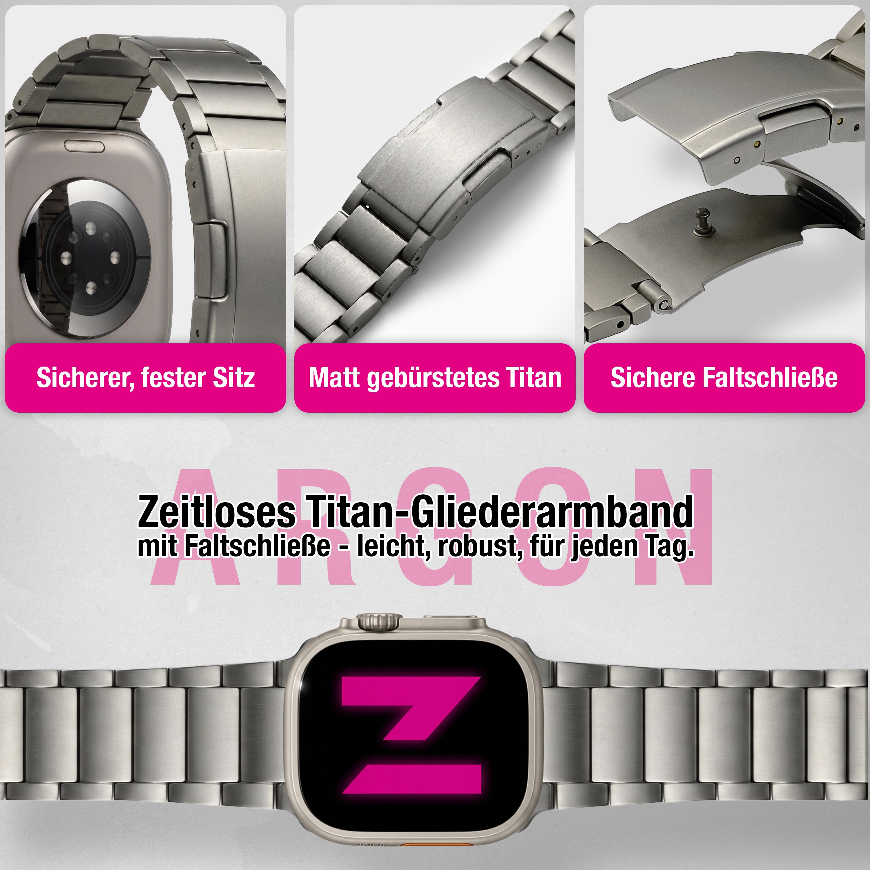 Uhr mit Titanarmband und Faltschließe, Logo Z auf dem Display.