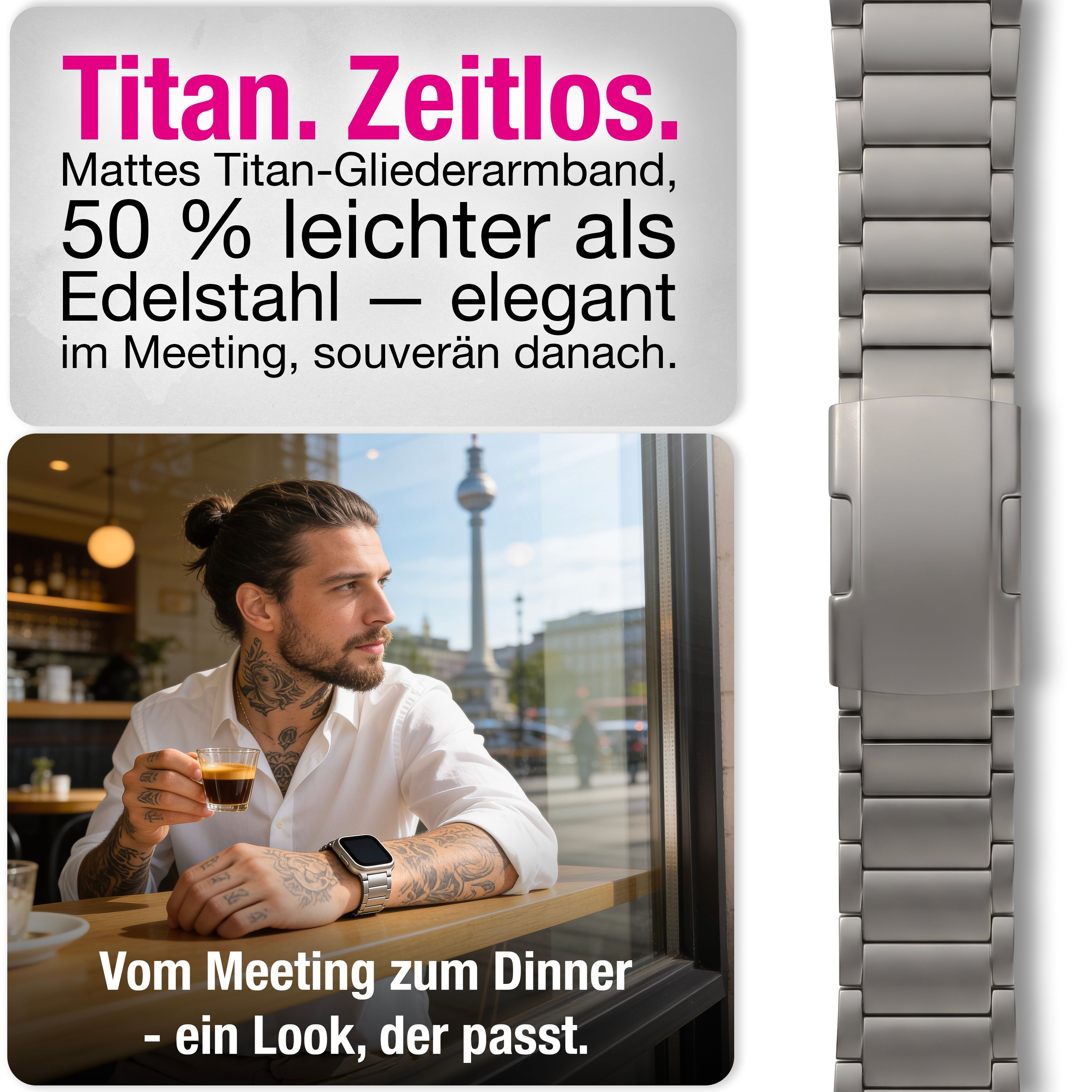 Ein Mann mit Tattoos trinkt Kaffee. Daneben eine Titan-Uhr und Text.