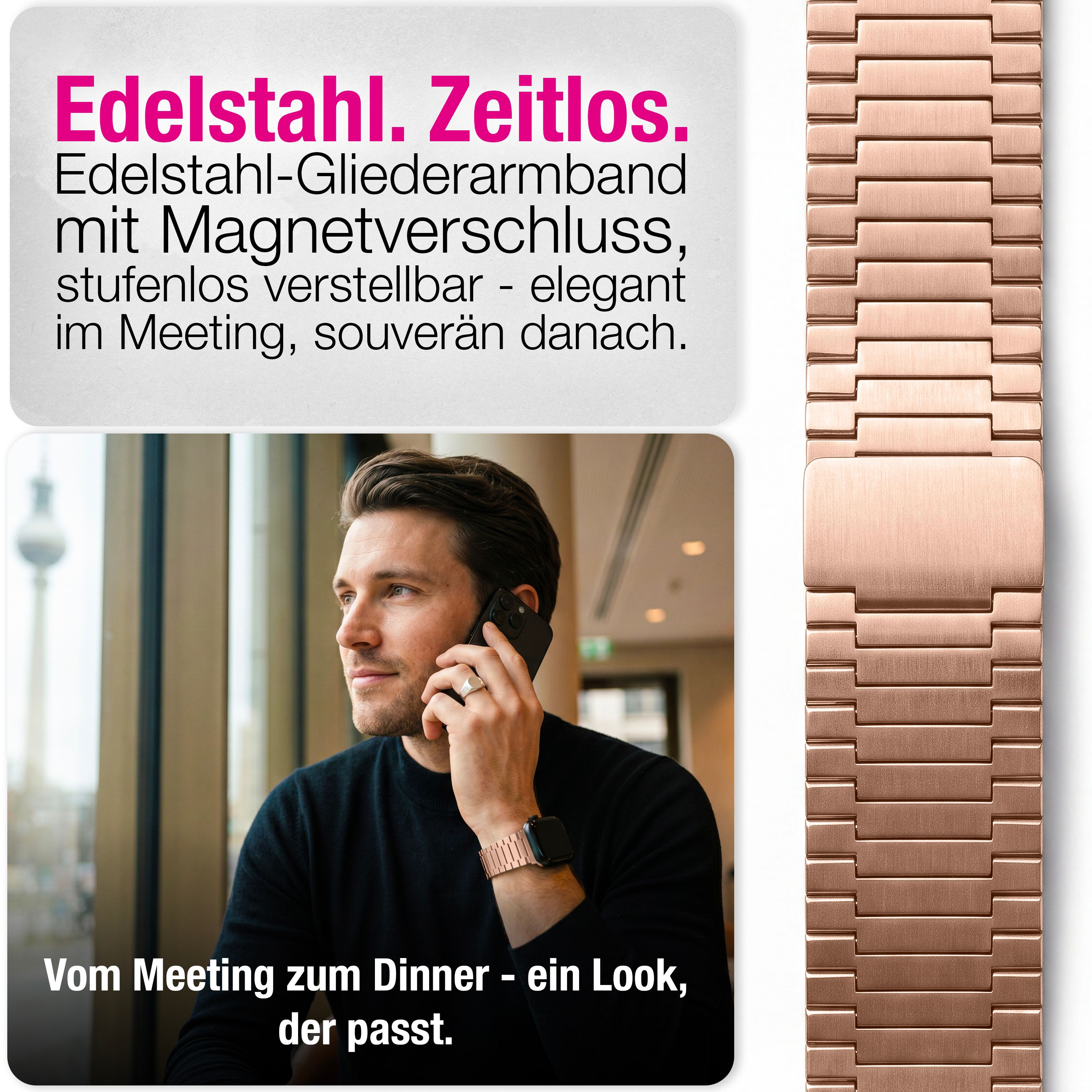 Mann mit Edelstahl-Armband am Handy, rechts das Band im Detail.