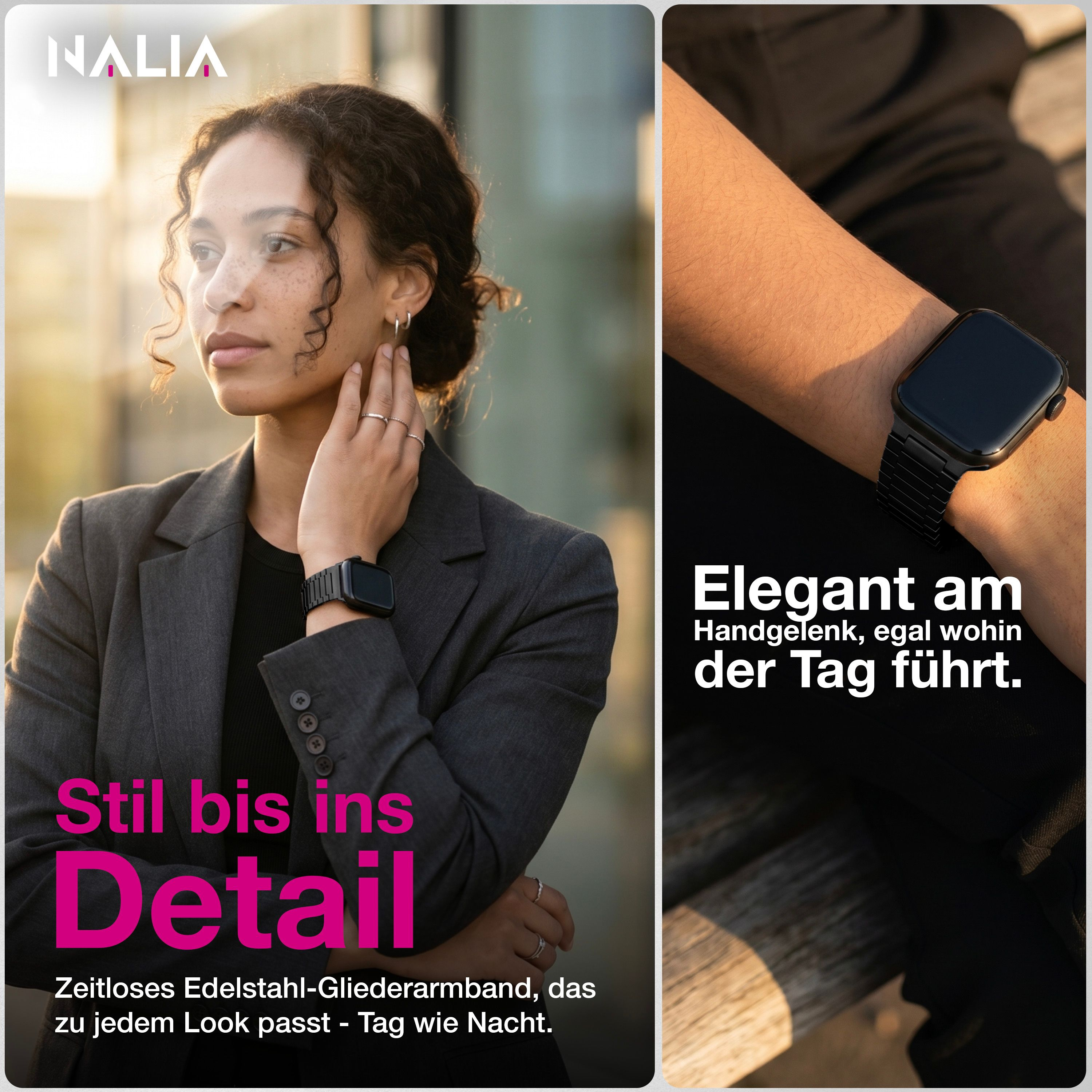 Frau trägt graues Jackett, Uhr am Handgelenk. "Stil bis ins Detail".