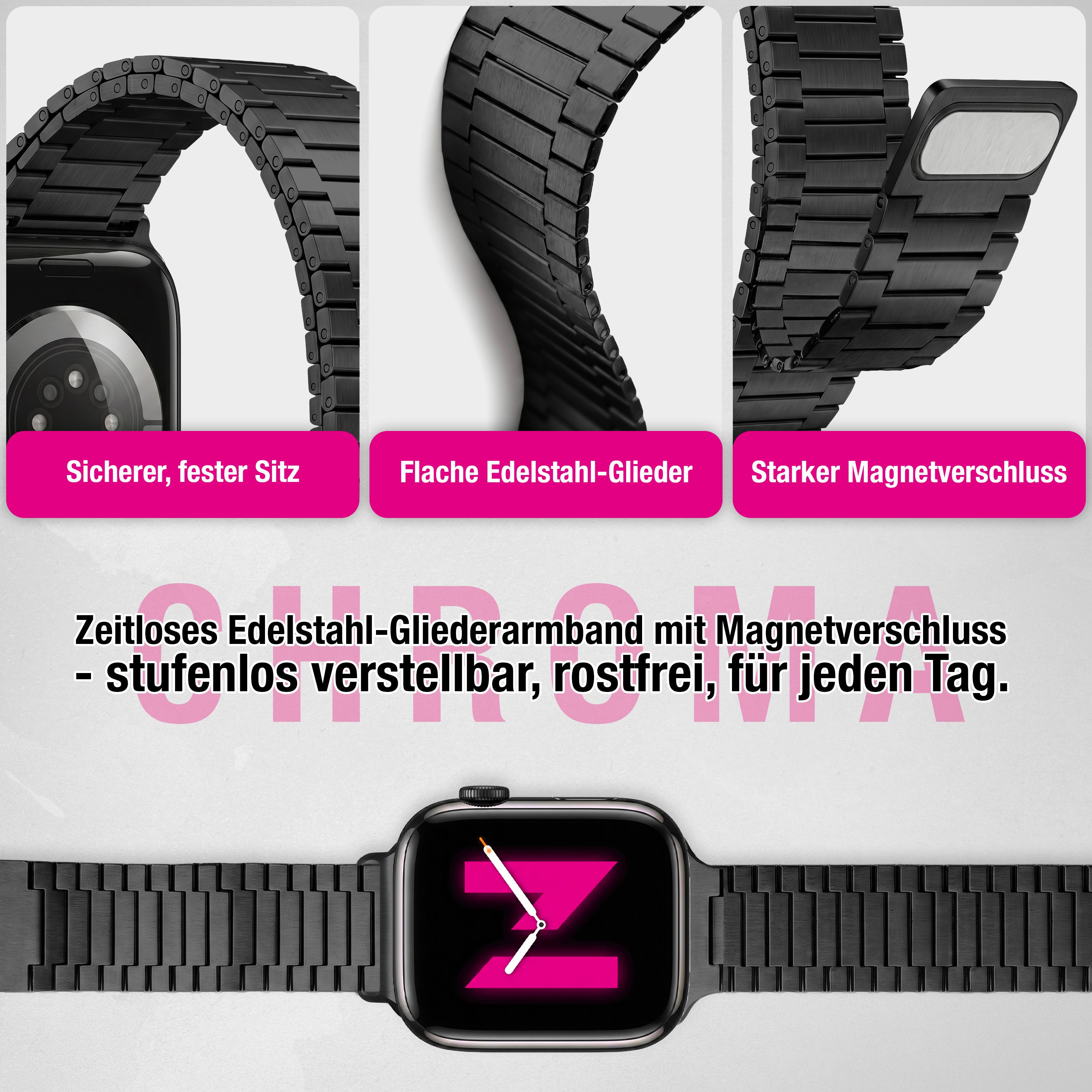 Schwarzes Edelstahl-Armband mit Magnetverschluss für eine Smartwatch.