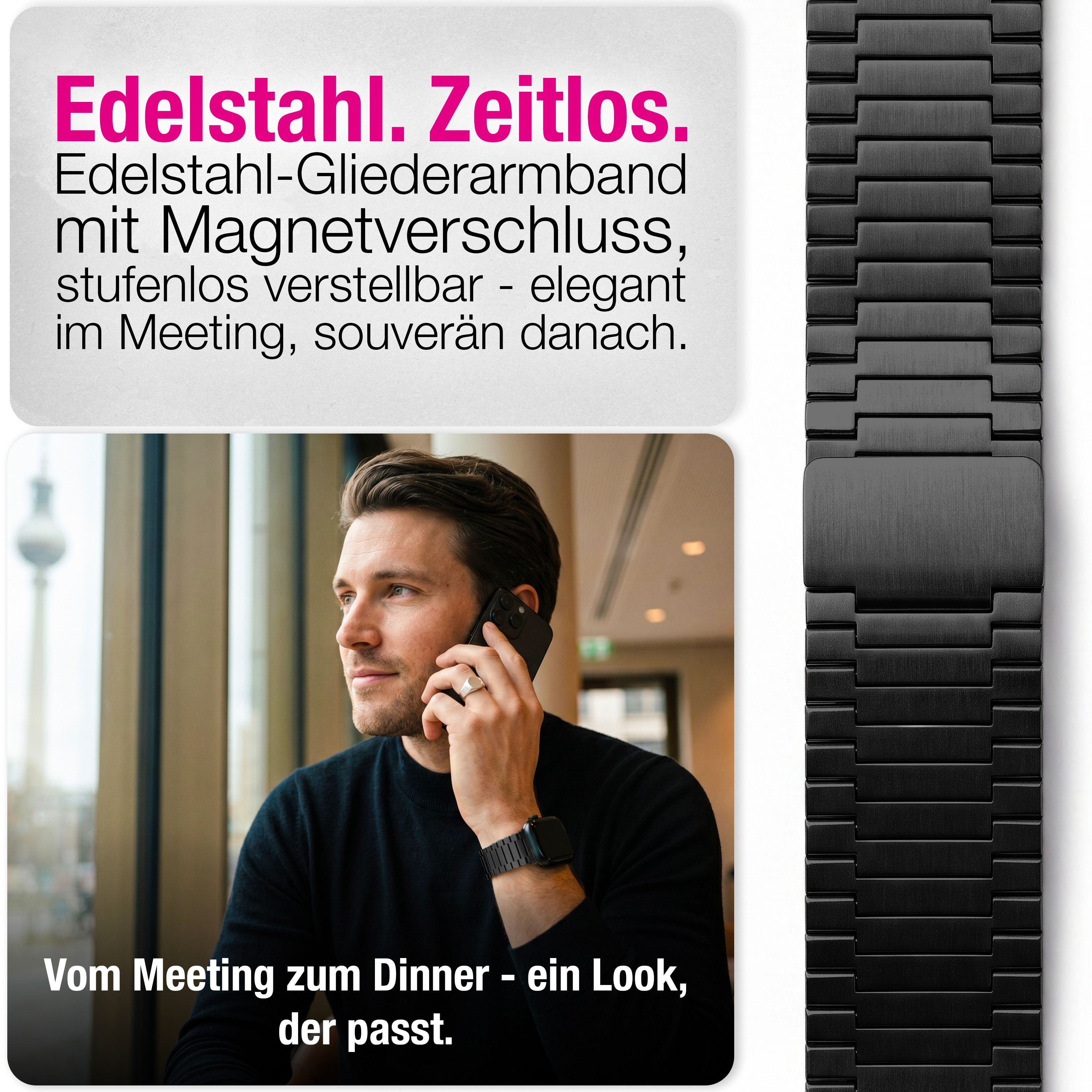 Mann telefoniert mit Handy, trägt schwarzes Armband & Ring. Edelstahlarmband-Detail.