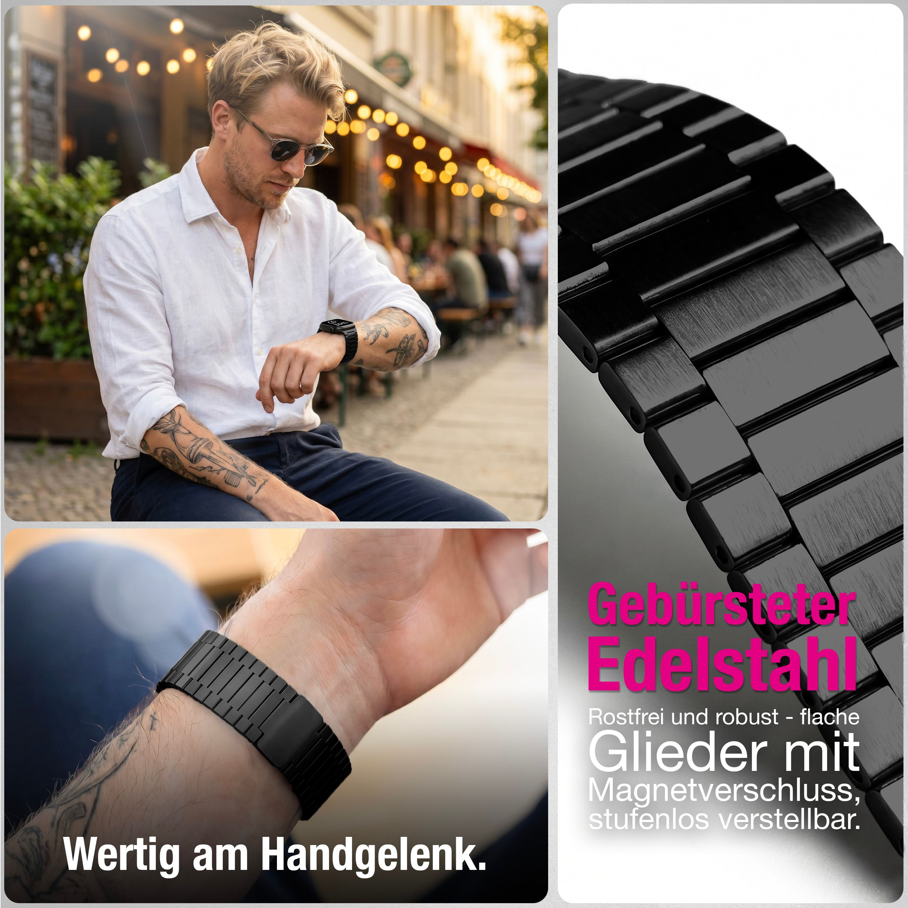 Mann mit Uhr und Armband aus gebürstetem Edelstahl. Detailaufnahme des Armbands.