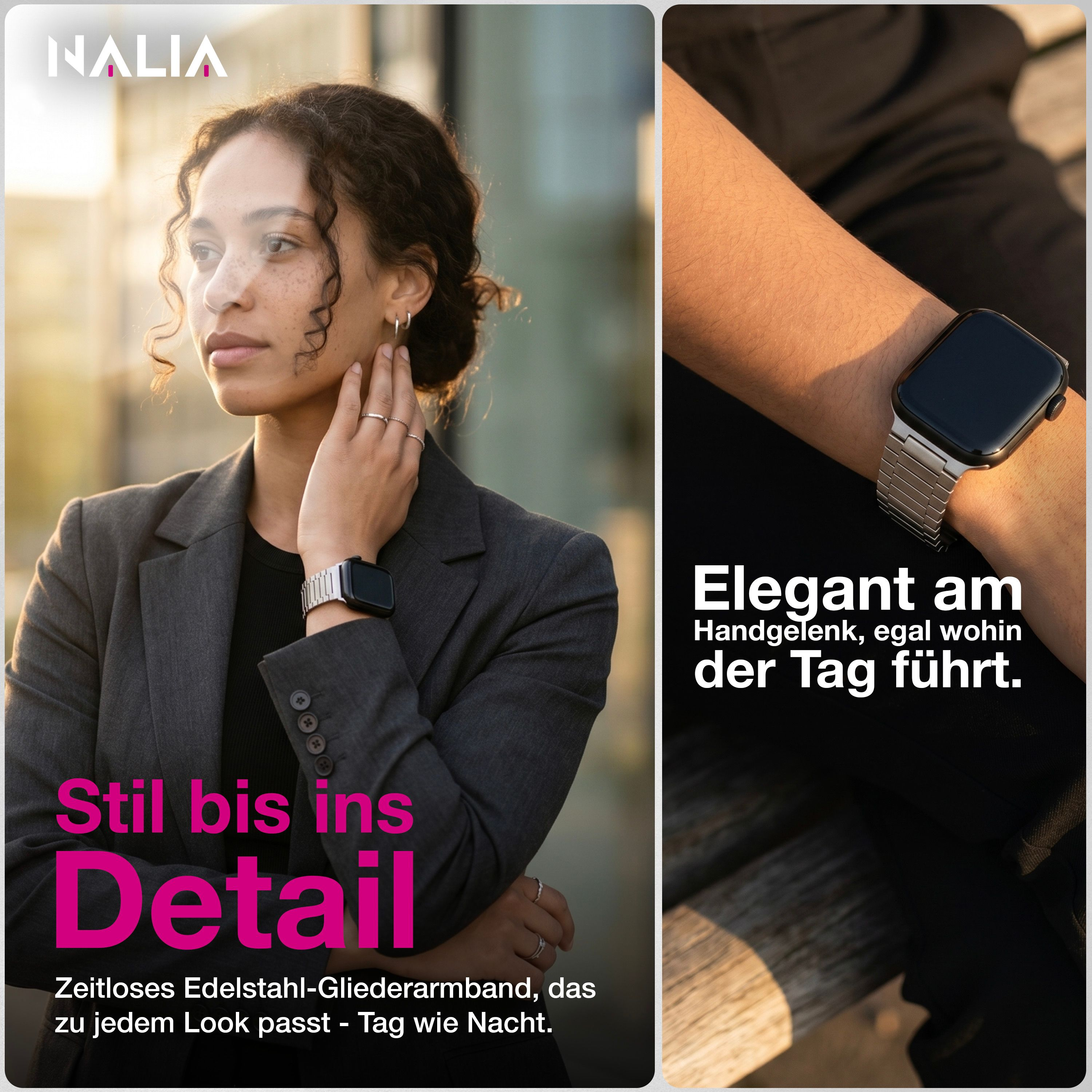 Eine Frau mit lockigem Haar trägt einen grauen Anzug und eine Smartwatch. Nahaufnahme eines Handgelenks mit Smartwatch.