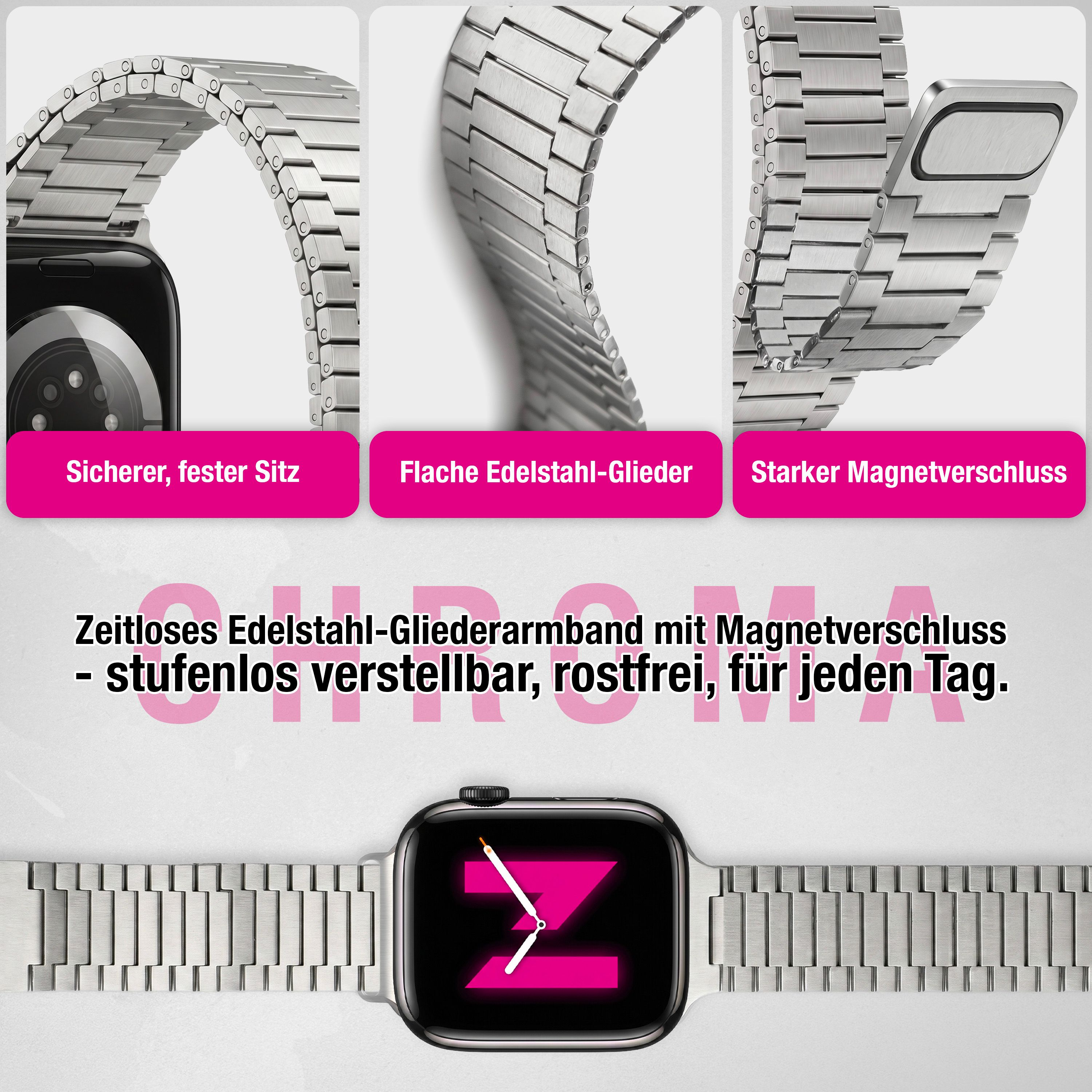 Edelstahl-Uhrenarmband mit Magnetverschluss, flache Glieder, sicherer Sitz.