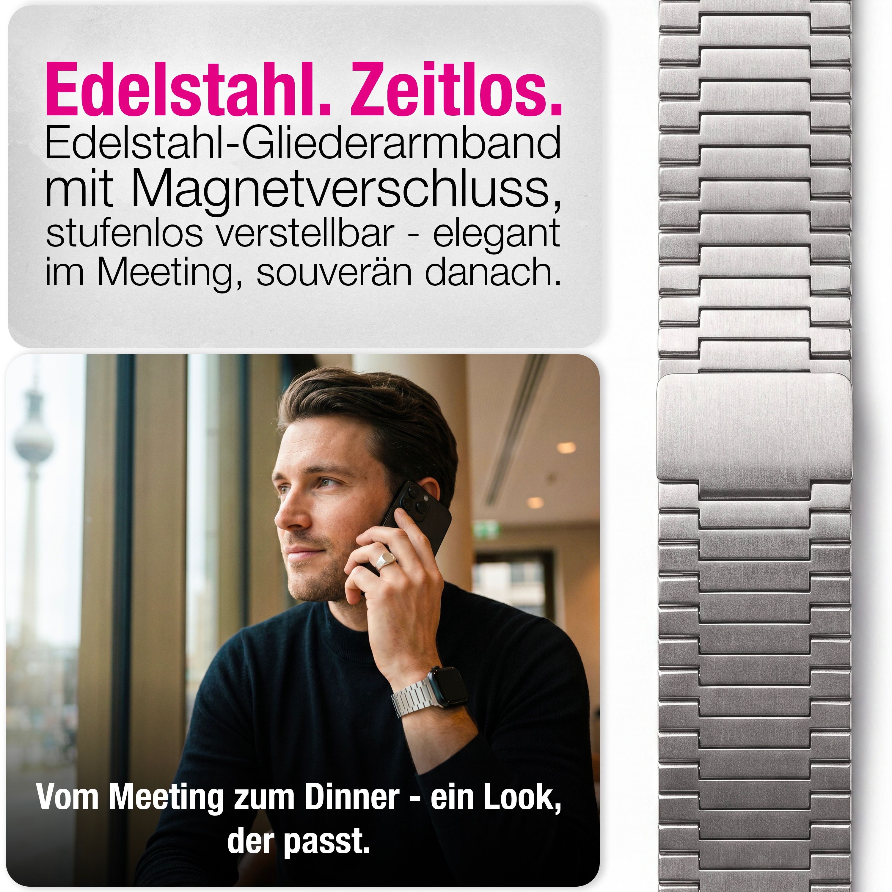 Mann telefoniert, trägt ein Edelstahl-Armband.