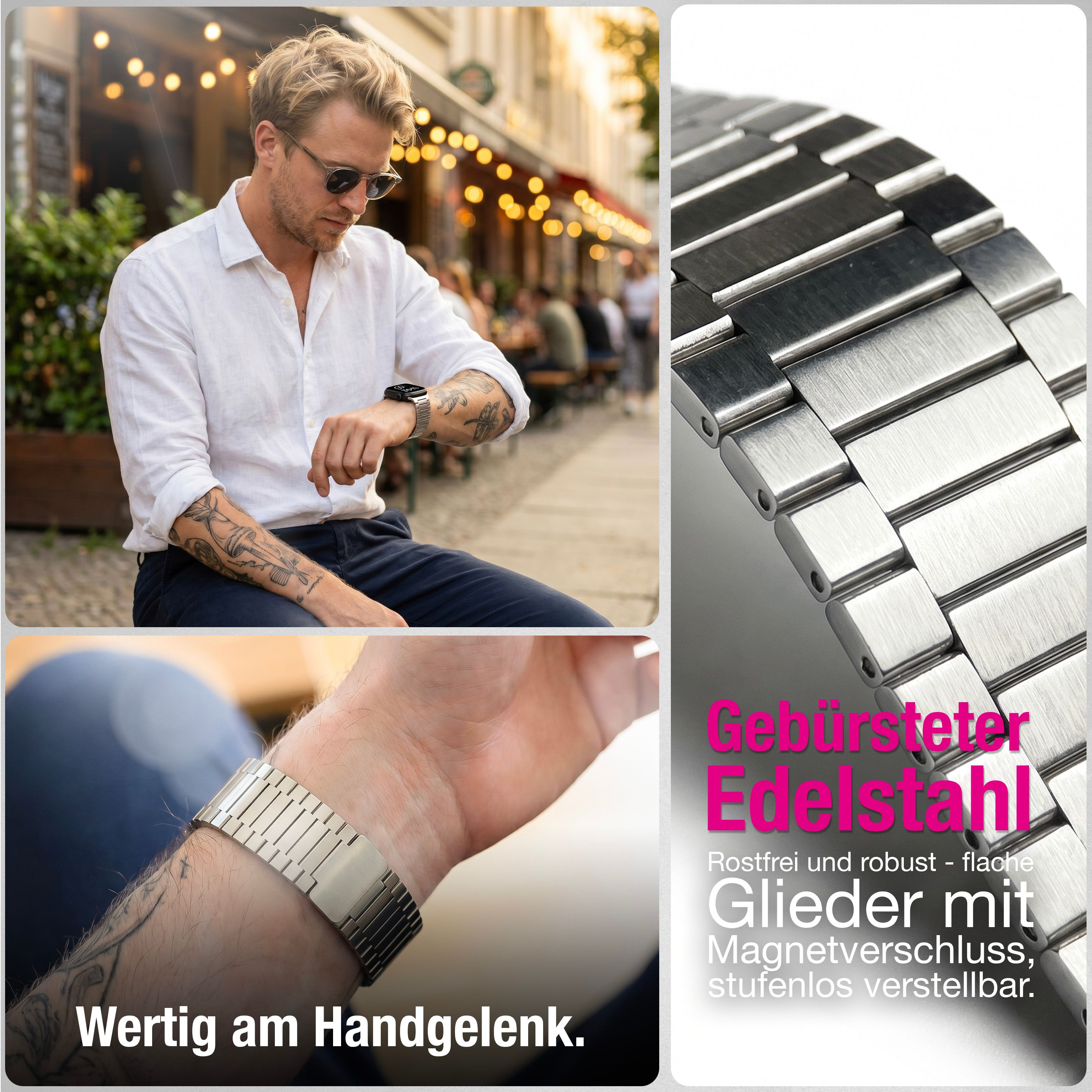 Ein Mann mit Tattoos schaut auf seine Uhr. Ein Armband aus Edelstahl.