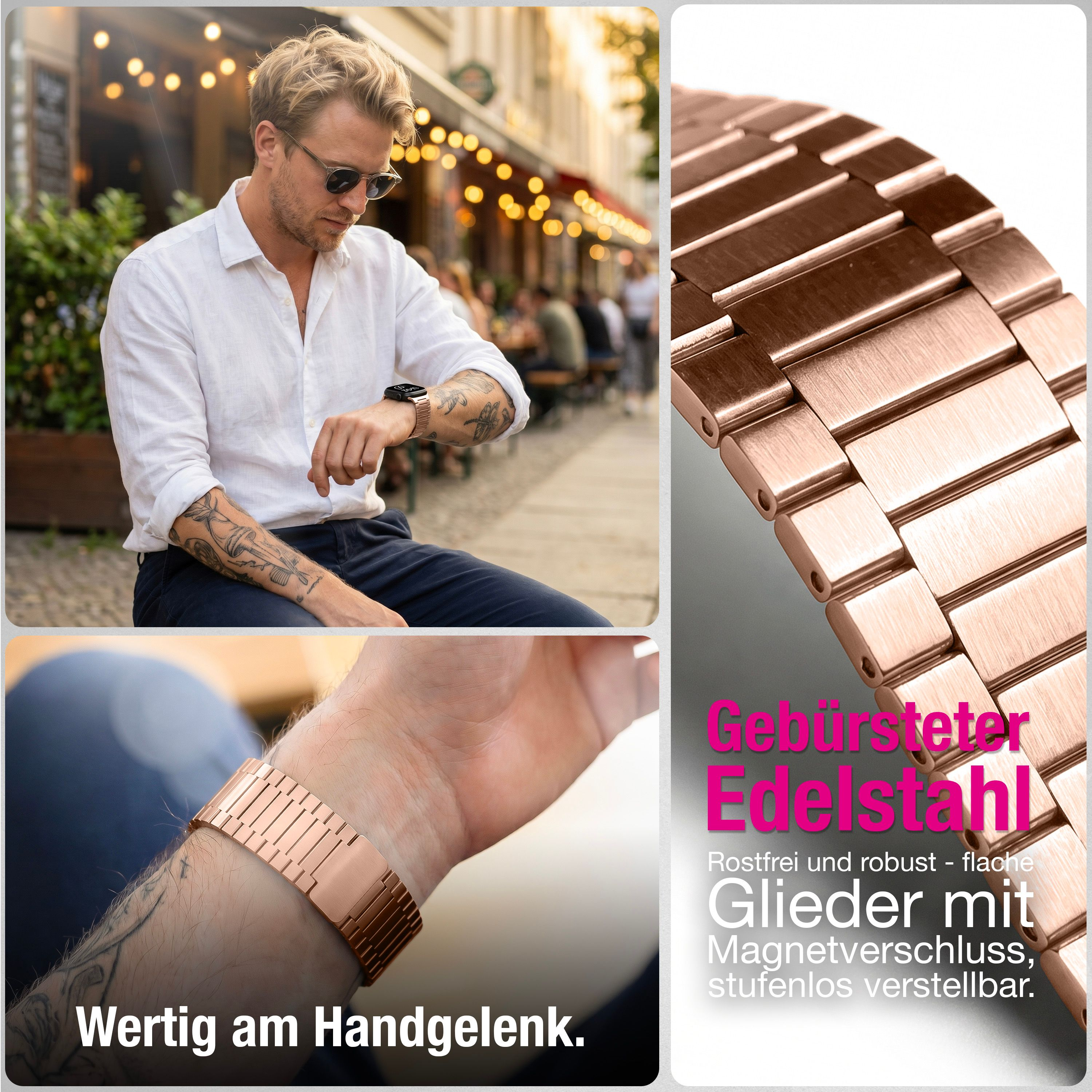 Mann mit Uhr und Armband im Freien; Nahaufnahme des Uhrenarmbands.