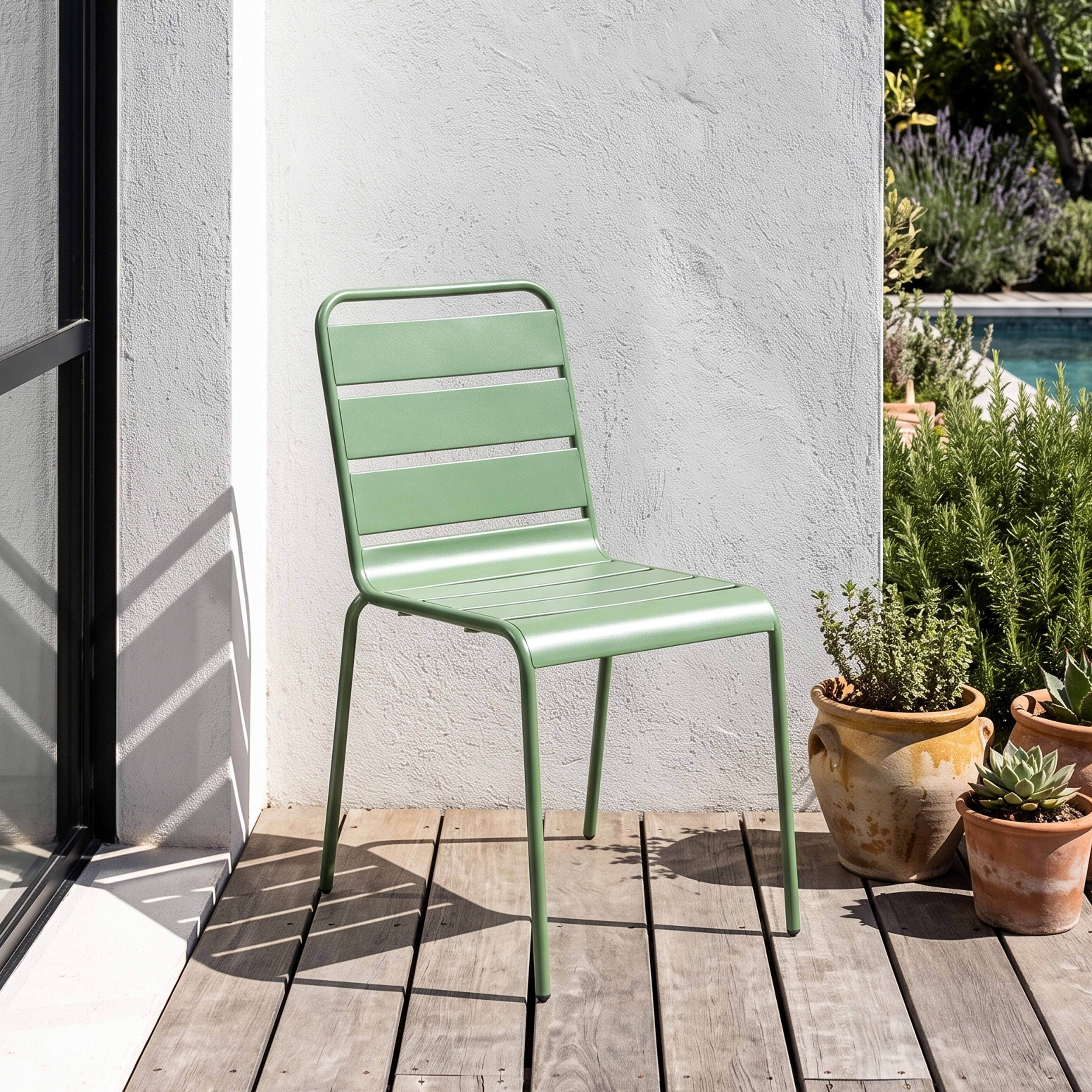 Eine grüne Metallstuhl steht auf einer Holzterrasse neben Pflanzen und einem Pool.