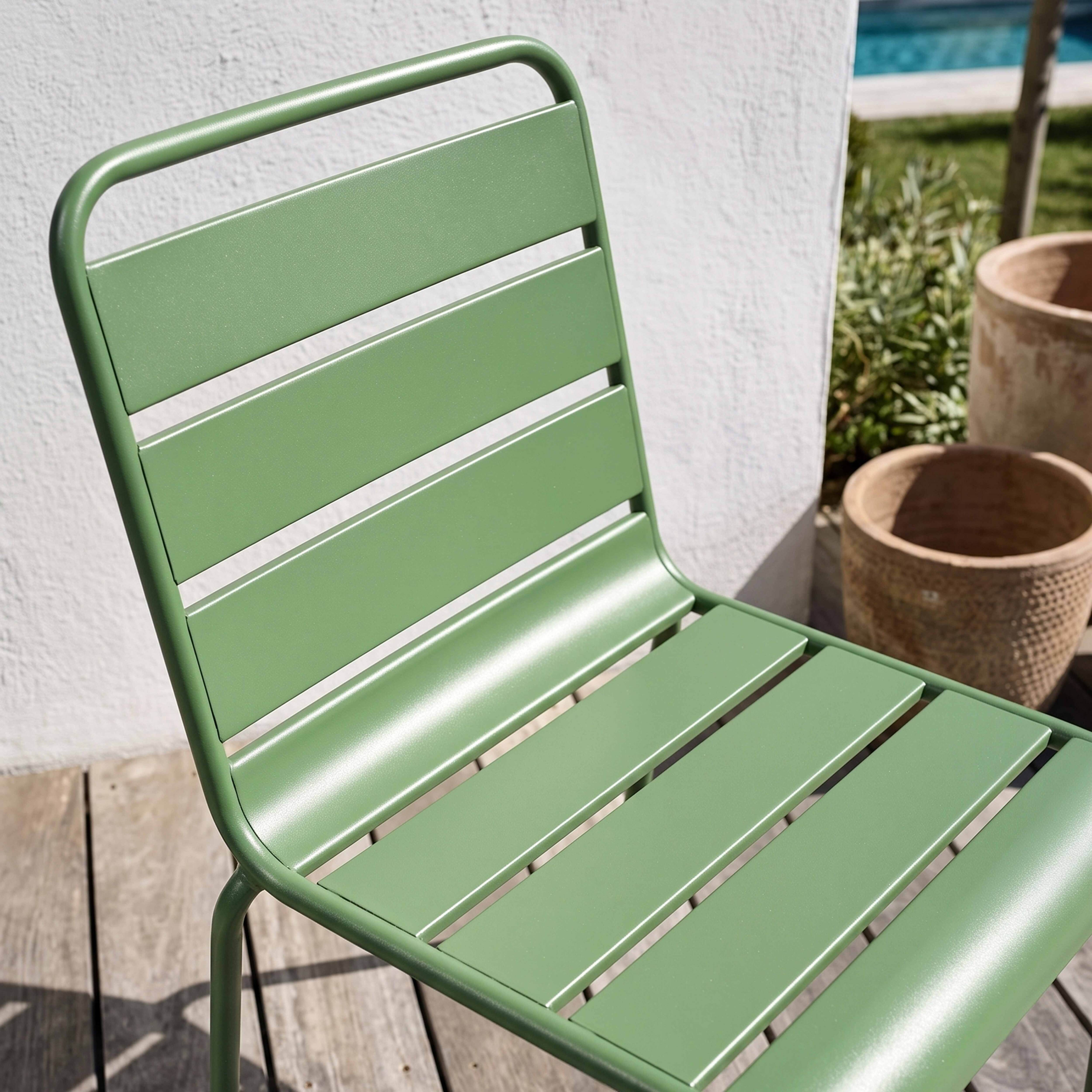 Eine grüne Metallstuhllehne mit Lamellen auf einer Holzterrasse.