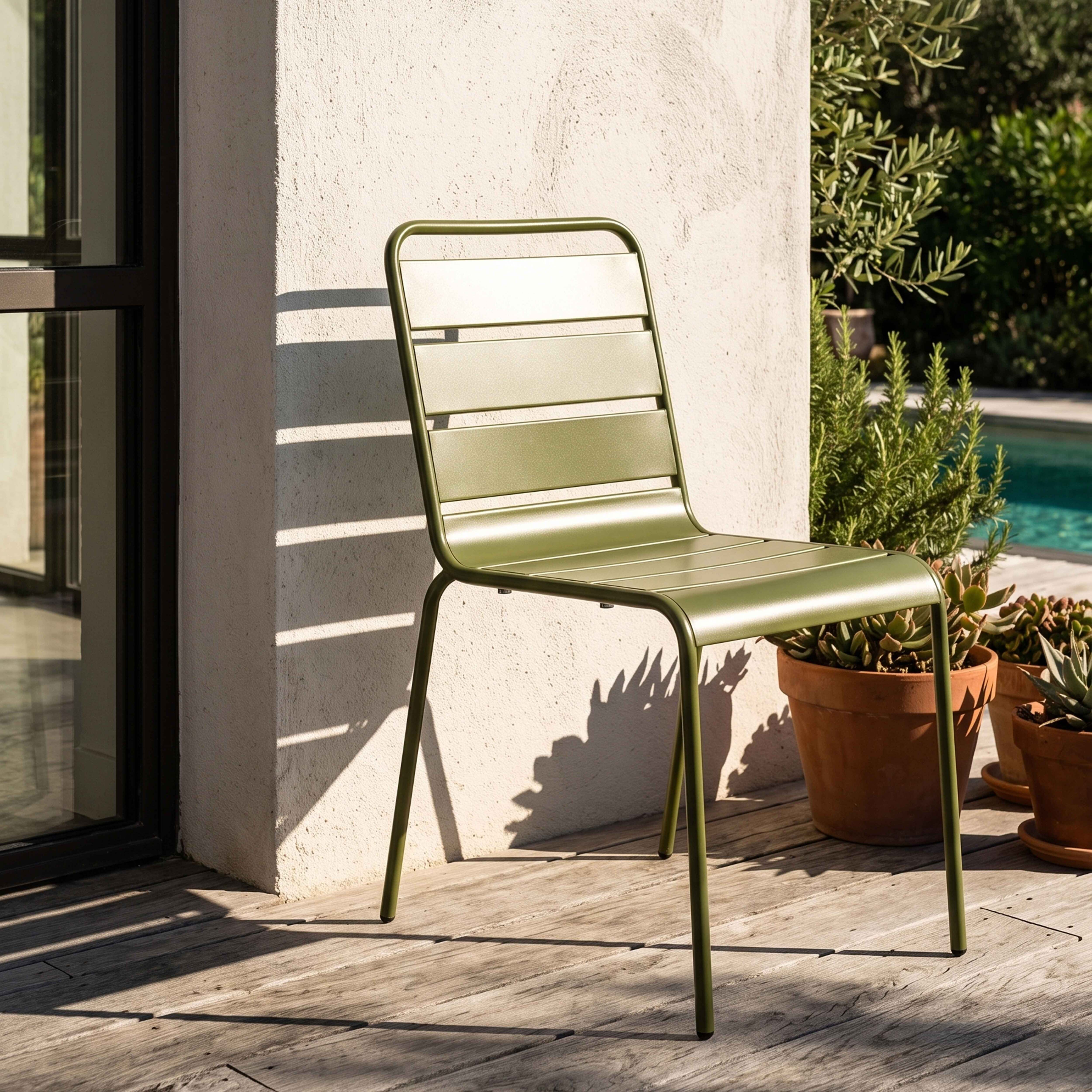 Ein grüner Metallstuhl steht auf einer Holzterrasse neben Pflanzen und einem Pool.