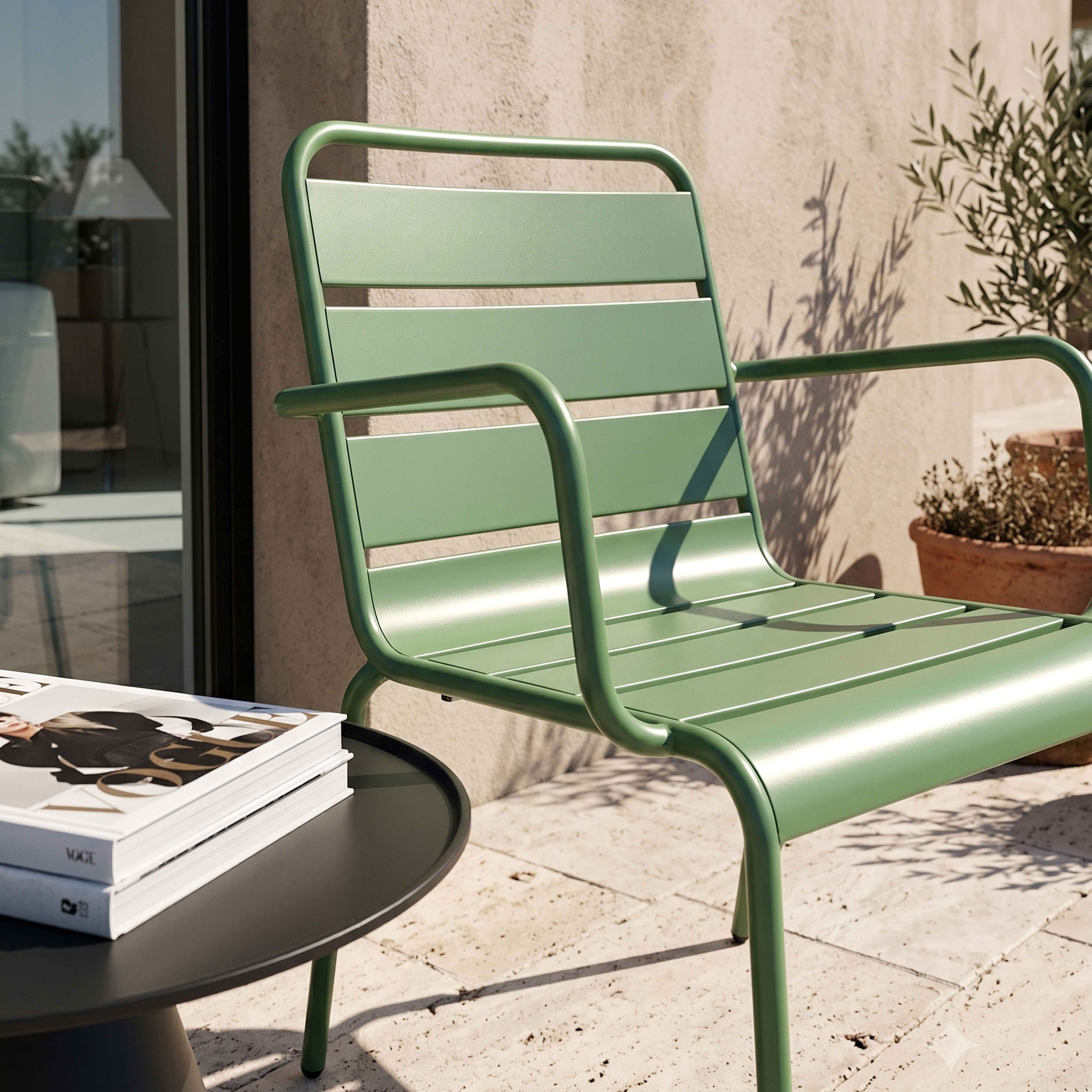 Eine grüne Gartenstuhl steht neben einem schwarzen Tisch mit Büchern.