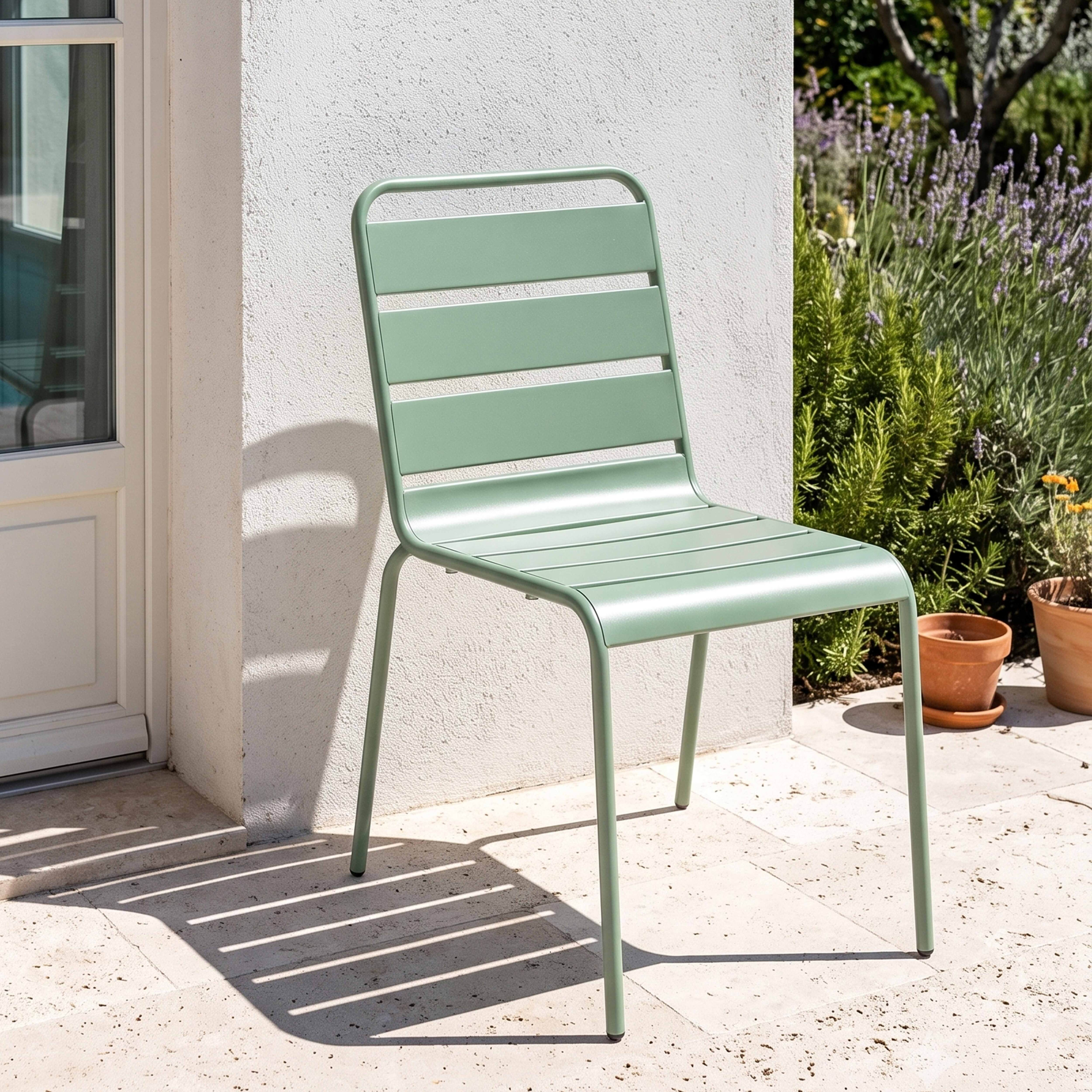 Grüner Stuhl im Freien mit Schatten auf Steinboden neben Hauswand und Lavendel.