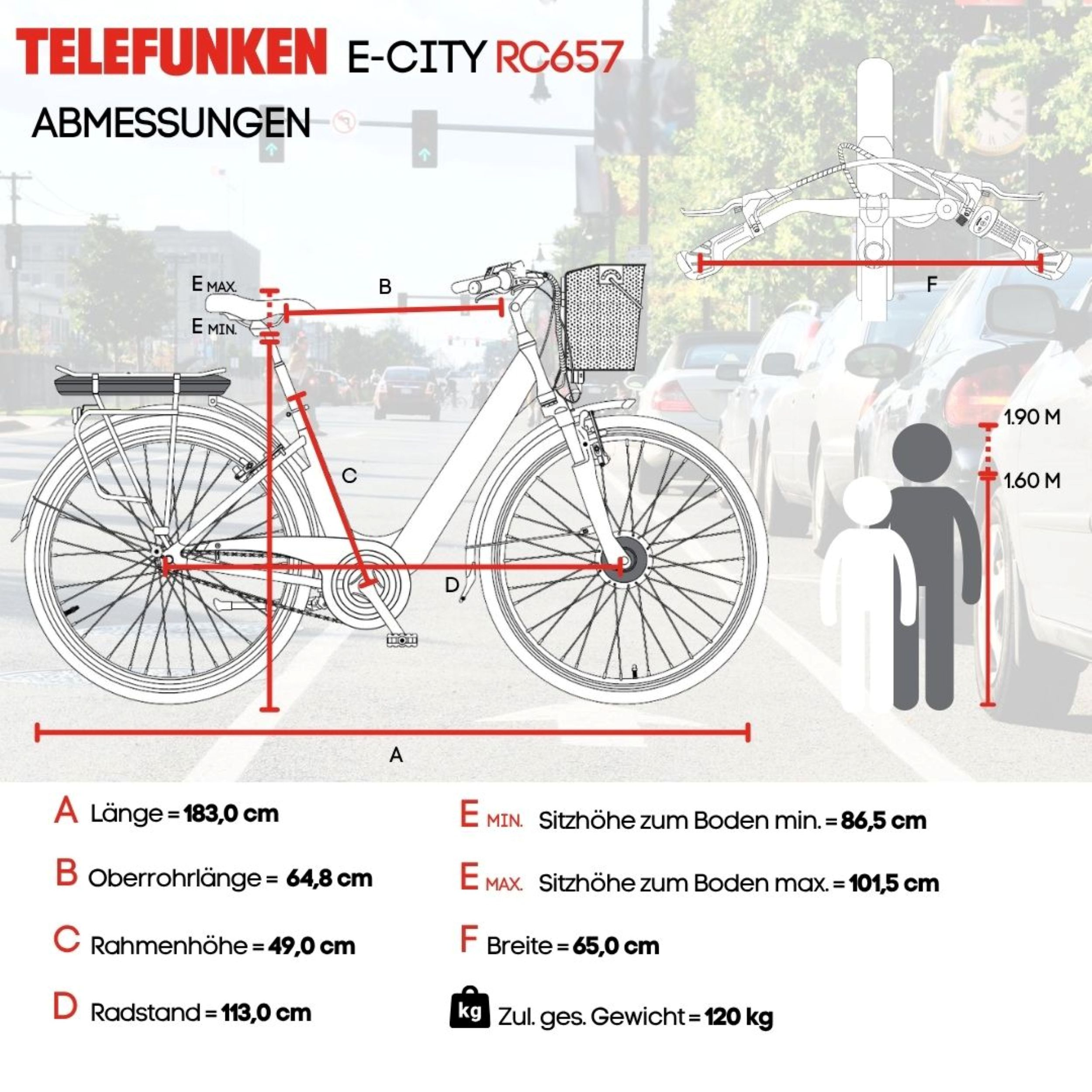 Diagramm eines E-Bikes mit Maßen: Länge 183cm, Breite 65cm, Gewicht 120kg.