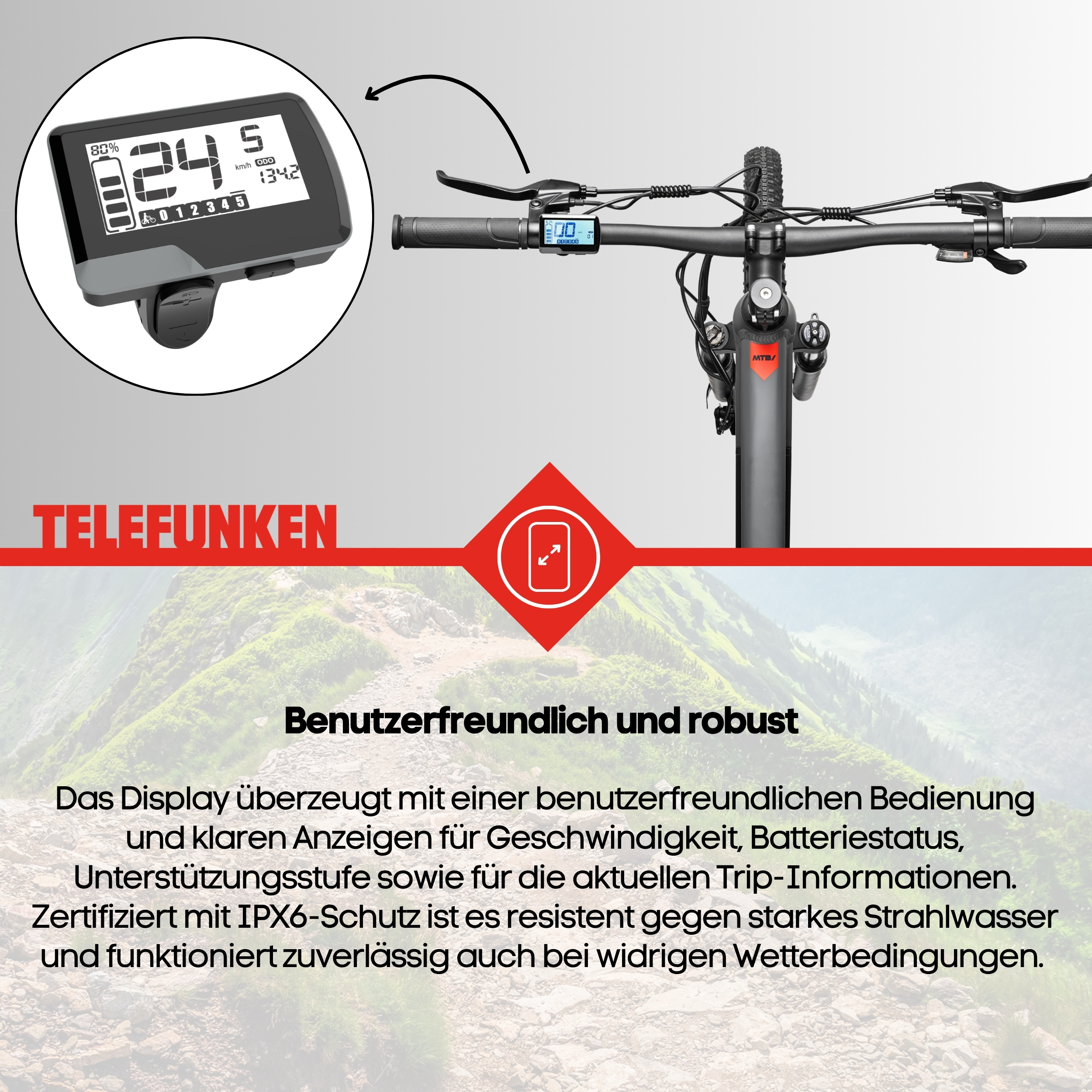Ein E-Bike-Display zeigt 80% Akku, 24 km/h, Stufe 5, ODO 134.2 km.