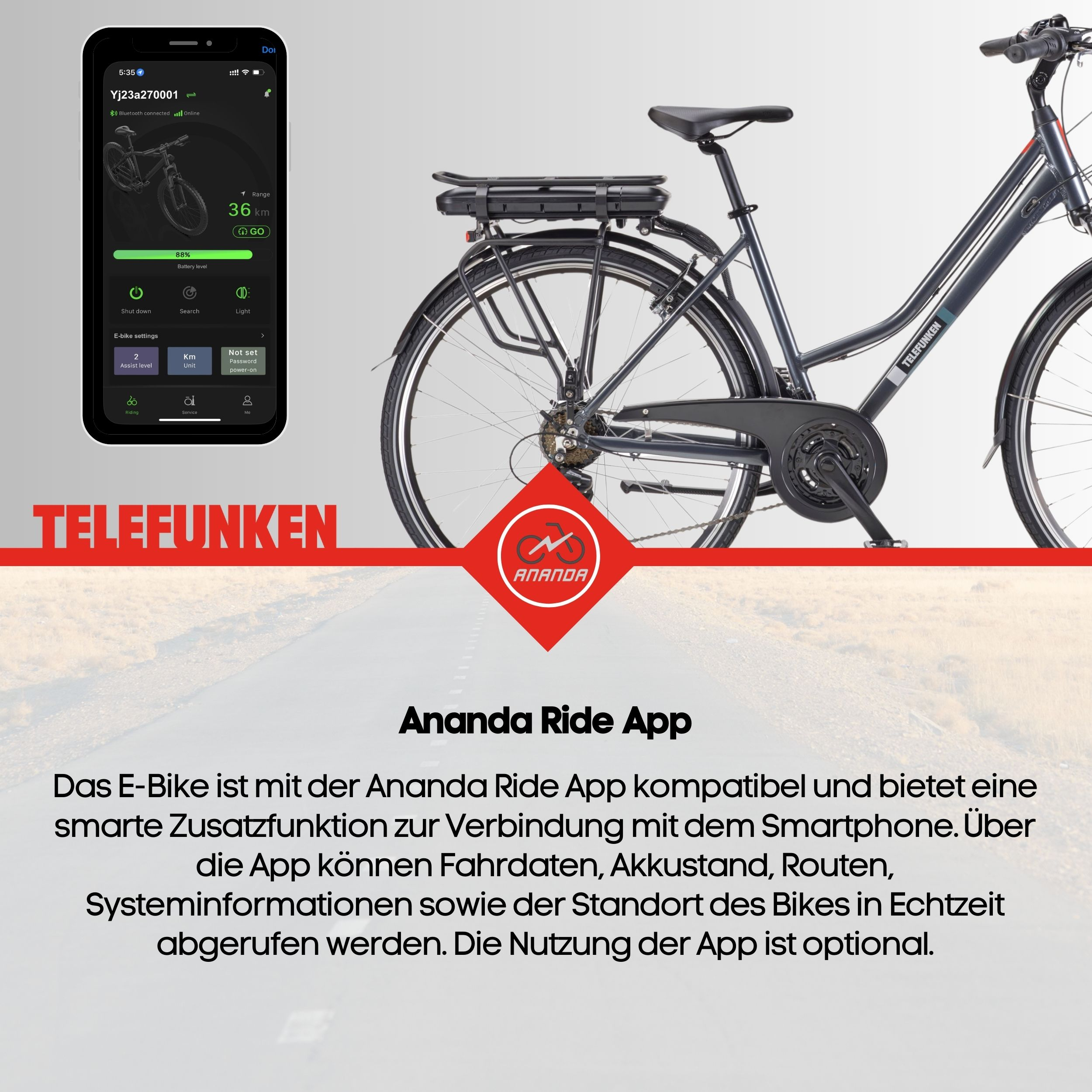 Ein E-Bike mit Akku, Smartphone-App und dem Schriftzug TELEFUNKEN.