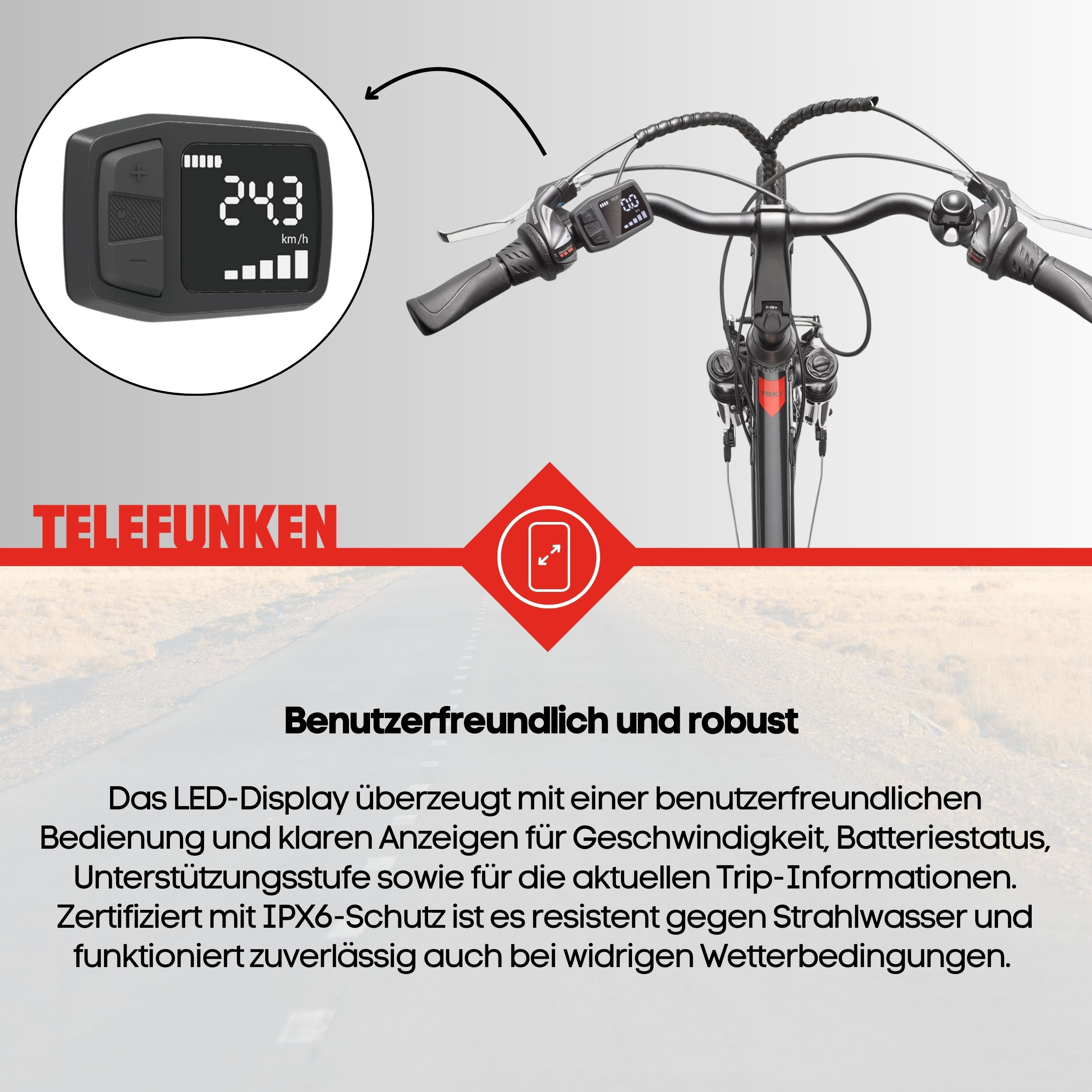 Fahrradlenker mit LED-Display, das Geschwindigkeit und Akku anzeigt.