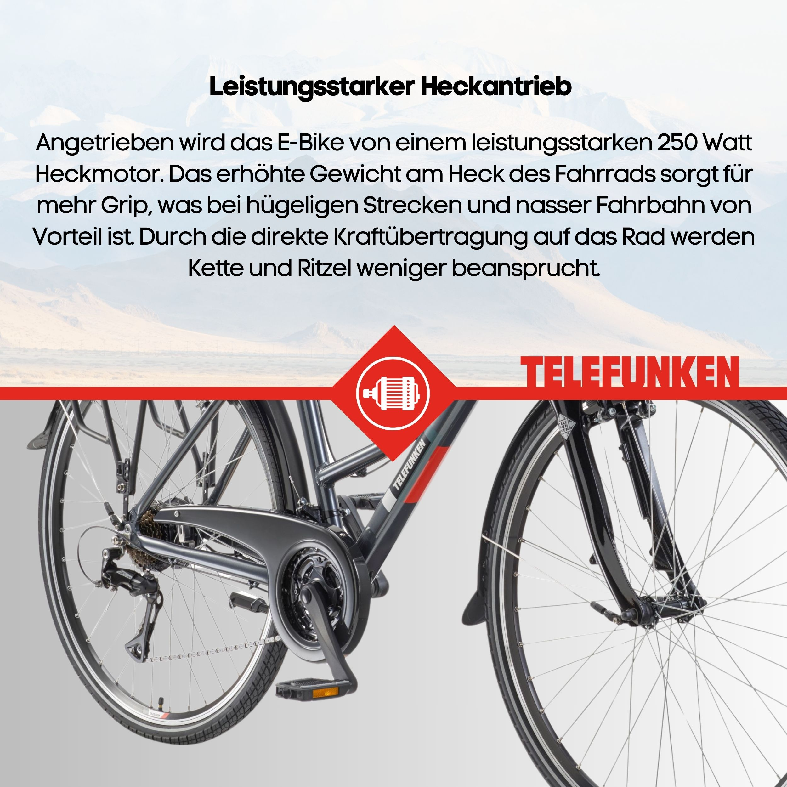 Nahaufnahme eines schwarzen E-Bikes mit Fokus auf den Heckantrieb und die Kette.