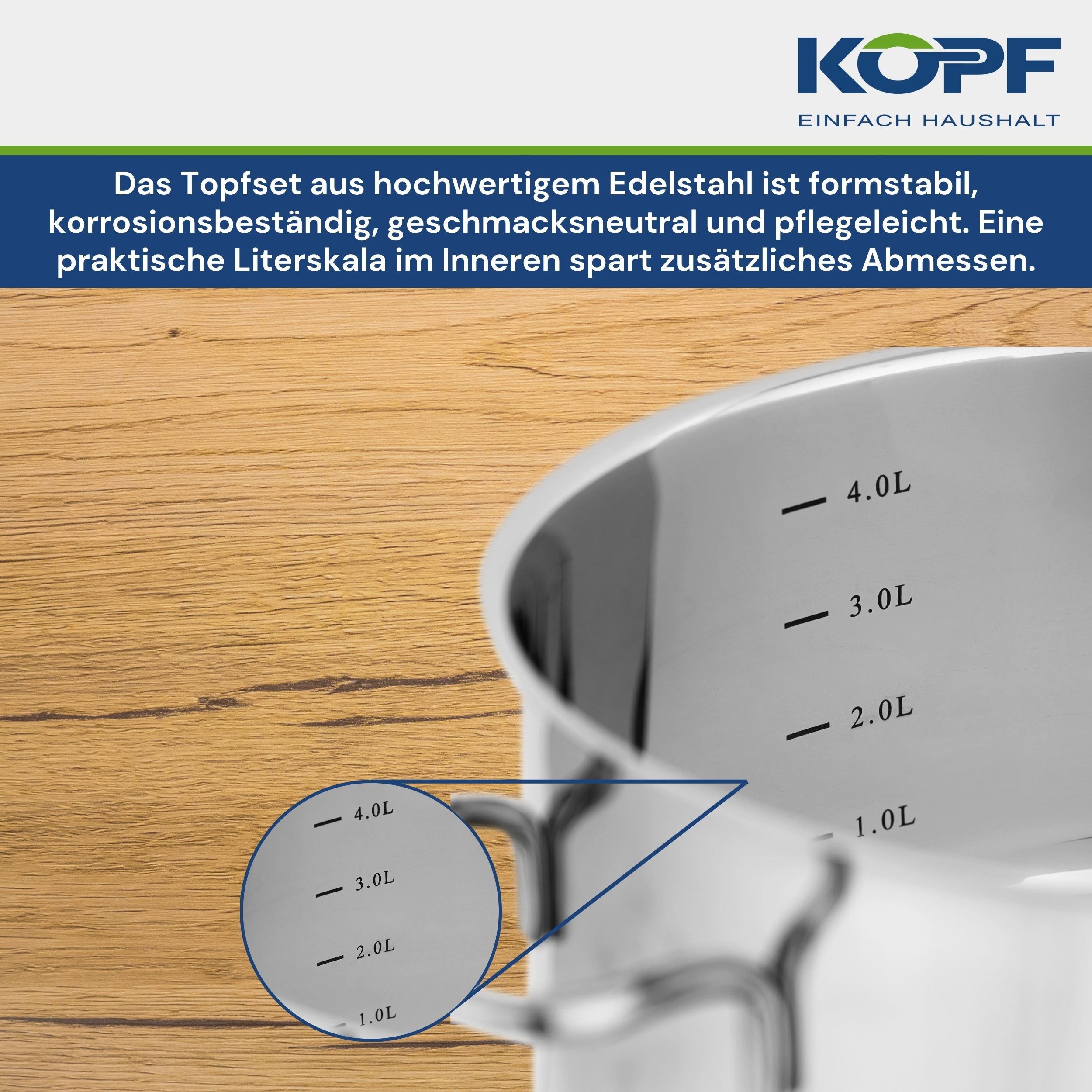 Edelstahltopf mit Literskala innen; KOPF Logo oben.