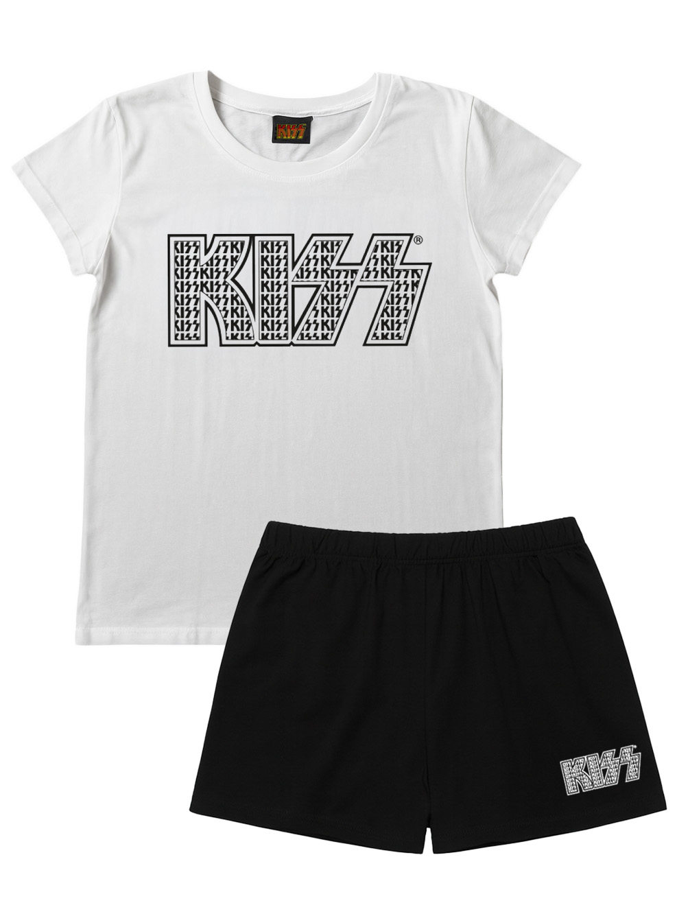 Weißes T-Shirt mit wiederholtem schwarzem KISS-Logo und schwarze Shorts mit KISS-Logo.