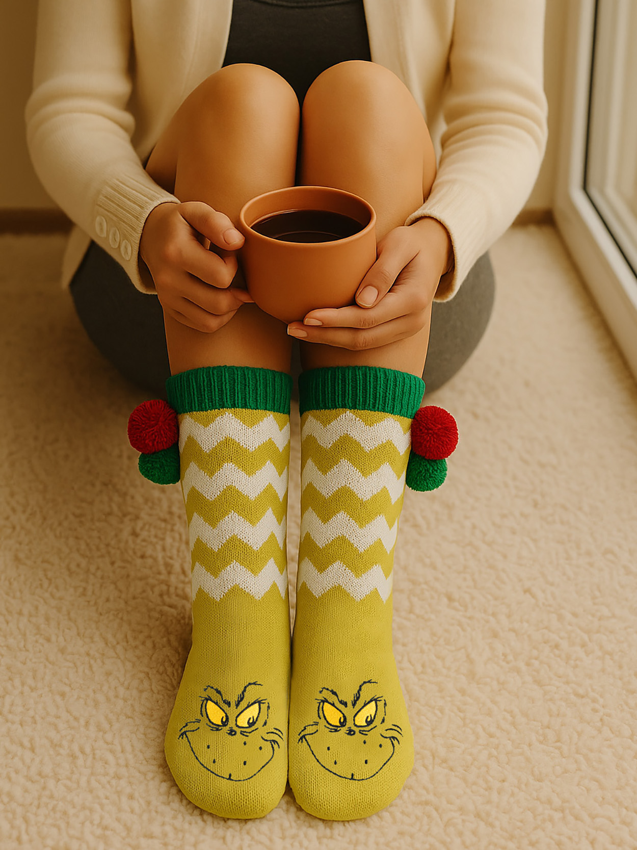 Person mit Grinch-Socken und einer Tasse Kaffee, die auf einem Teppich sitzt.