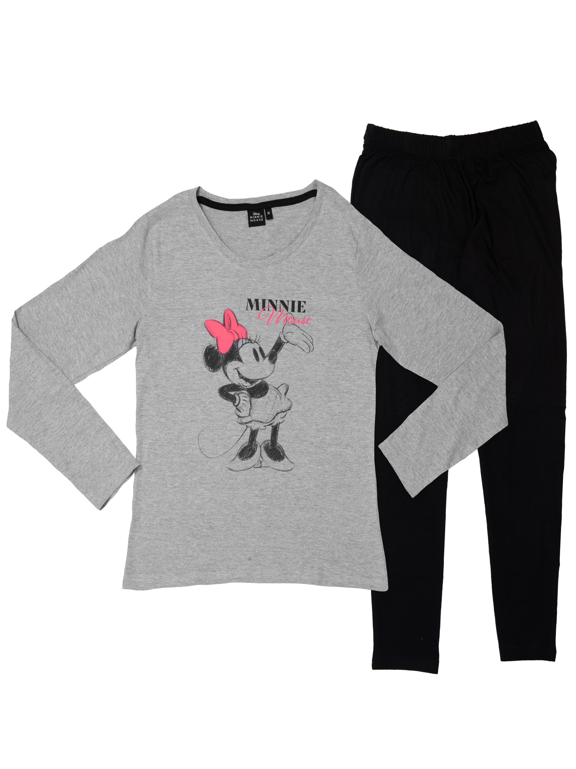 Grauer Schlafanzug mit Minnie Maus Aufdruck und schwarzer Hose.