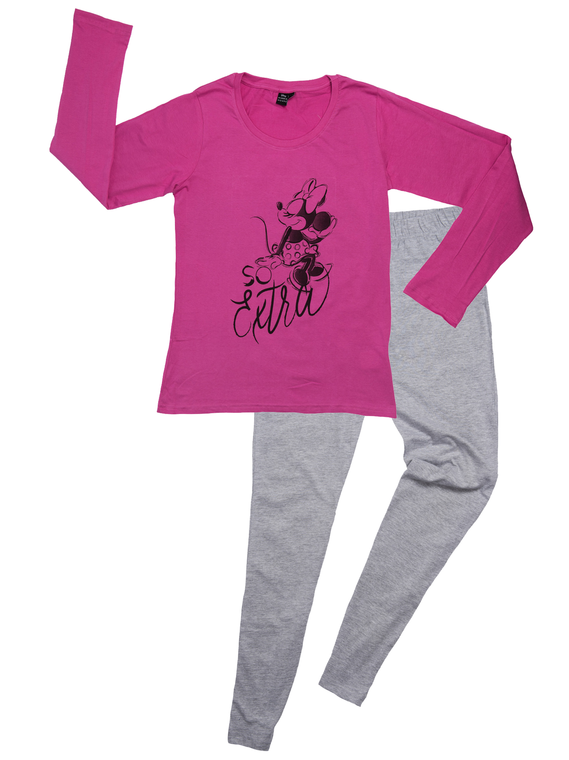Ein pinkes Langarmshirt mit Minnie Maus Print und graue Leggings.