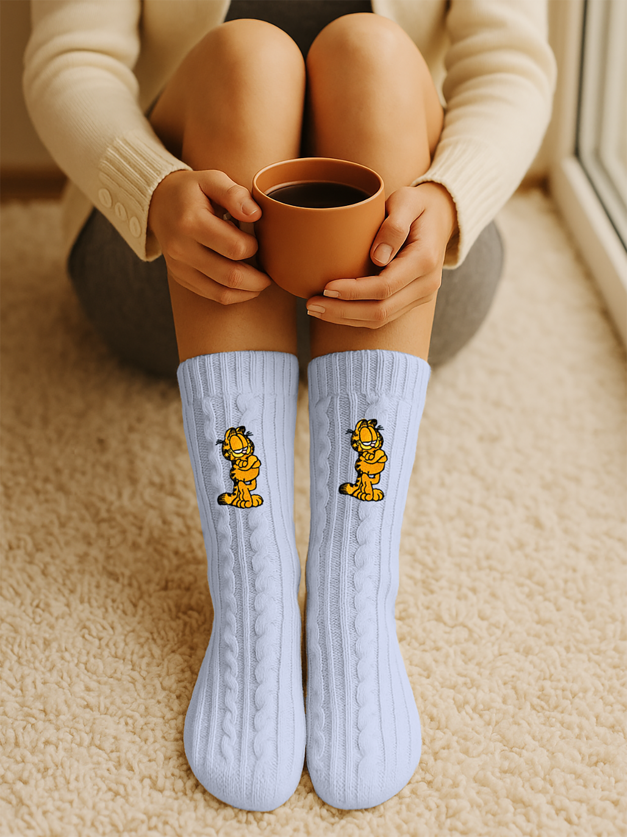 Eine Person in hellblauen Garfield-Socken hält eine Kaffeetasse, während sie auf einem flauschigen Teppich sitzt.
