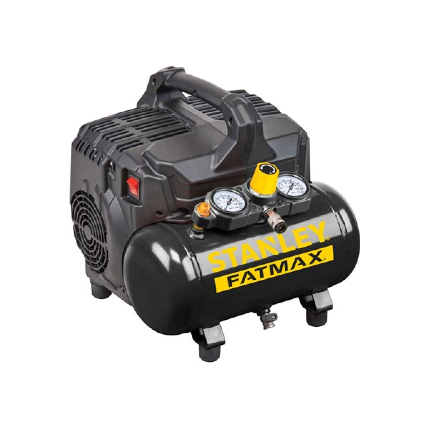Black Stanley Fatmax air compressor with handle, two gauges, and yellow regulator.