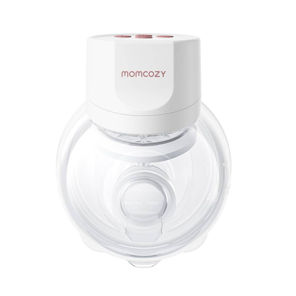 Un contenitore bianco per tiralatte con logo 'momcozy' e pulsanti rosa.