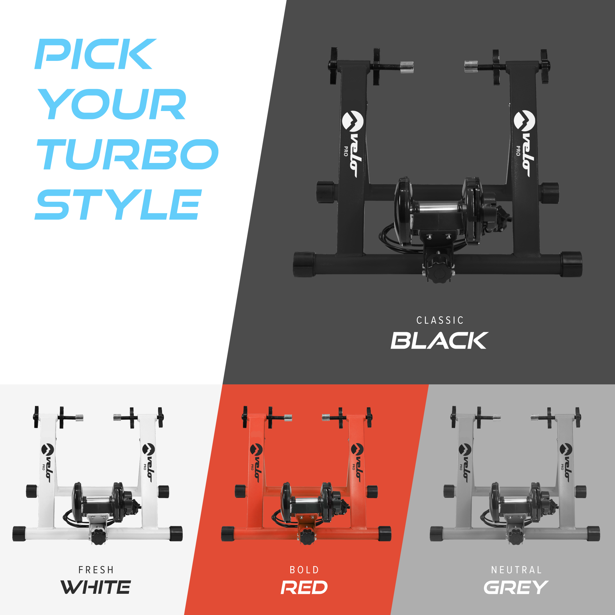 Rodillos de bicicleta en negro, blanco y rojo con el lema 'Pick Your Turbo Style'.