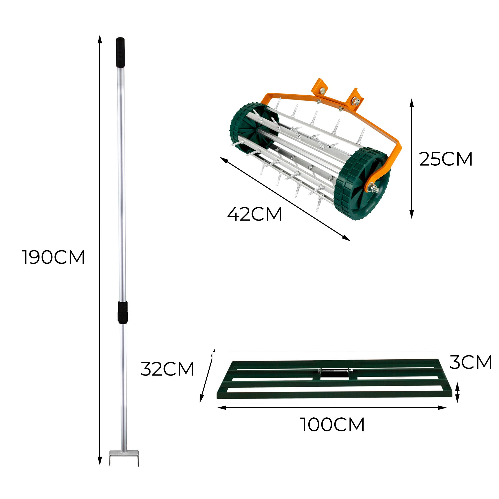 Juego aireador de césped con mango (190cm), rodillo (42x25cm) y rastrillo (100x32cm).