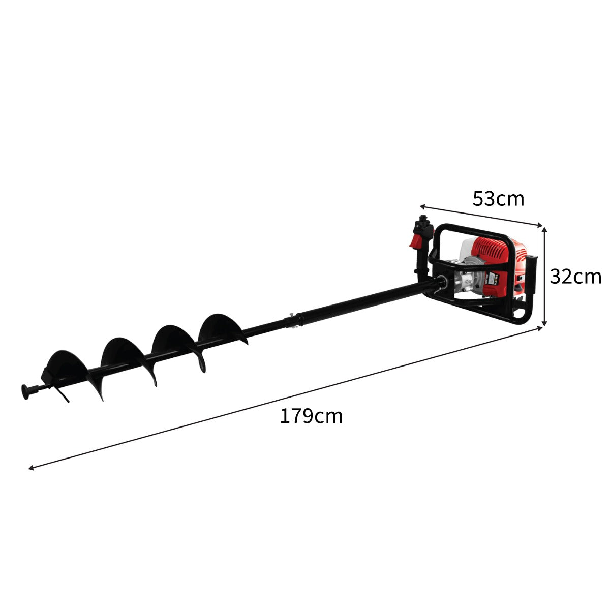 Barrena con motor, 179cm de largo, 53cm de ancho, 32cm de alto.