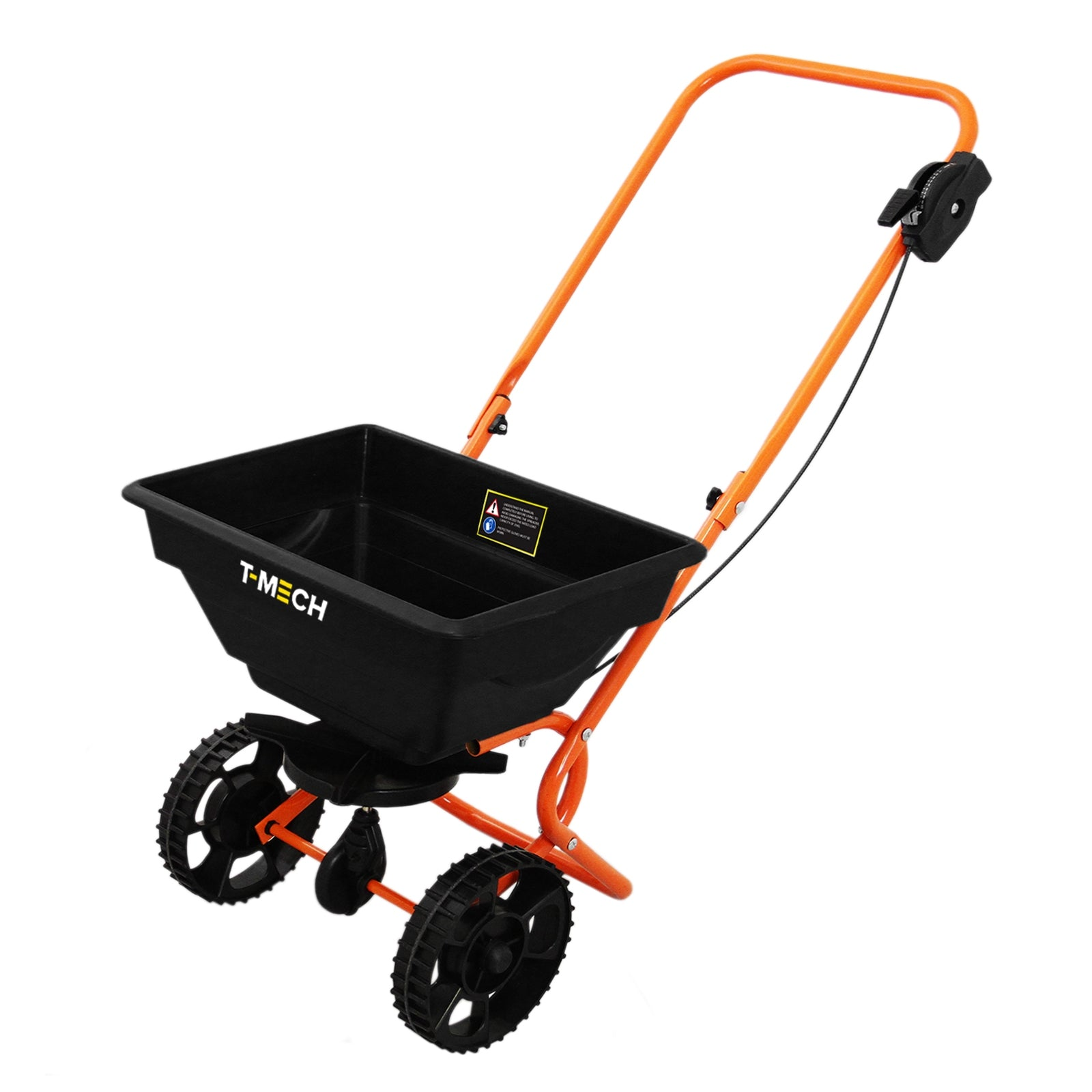 Un esparcidor empujable naranja con tolva y ruedas negras.