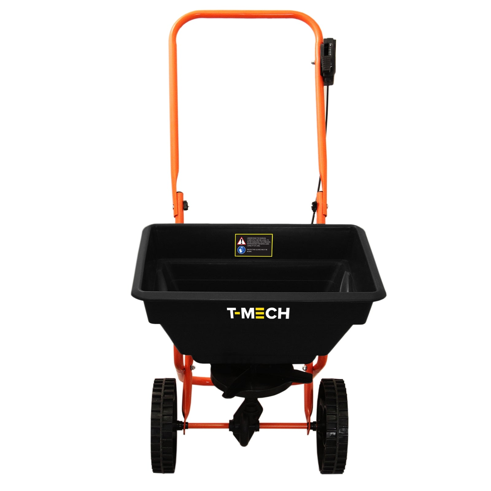 Un carrito esparcidor negro con marco naranja y dos ruedas.