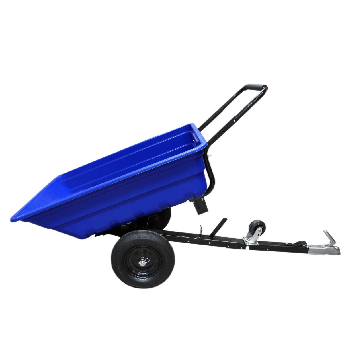 Un carro de jardín azul con dos ruedas y un asa.