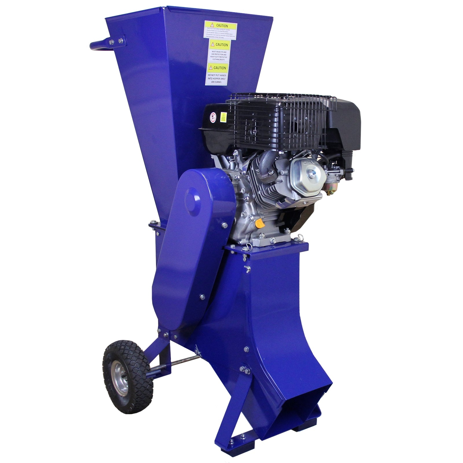 Una trituradora de madera azul con motor y ruedas.