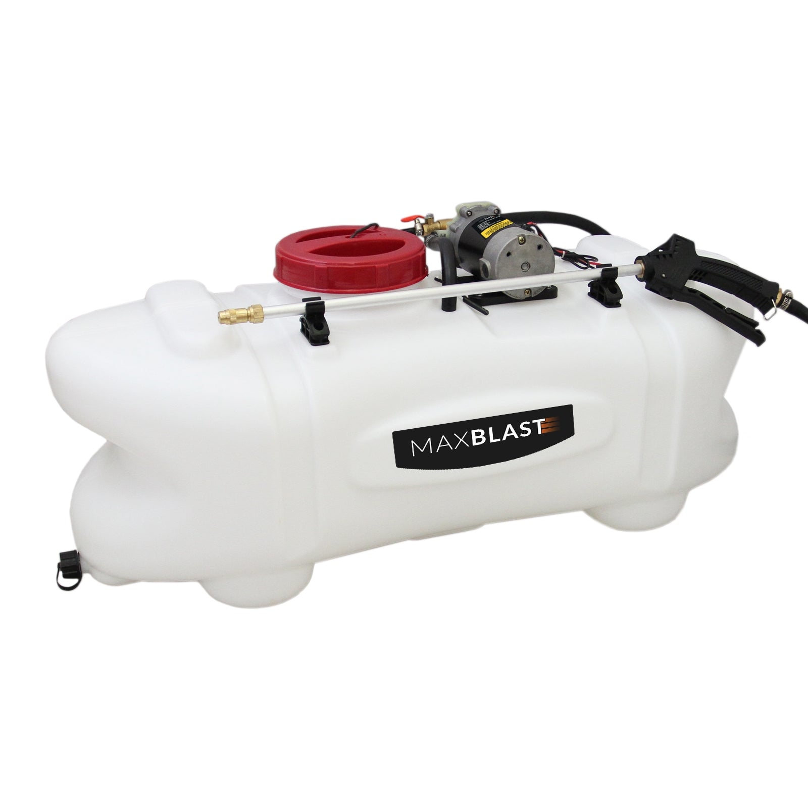 Tanque pulverizador blanco con tapa roja, bomba, manguera y pistola pulverizadora. Logo MAXBLAST.