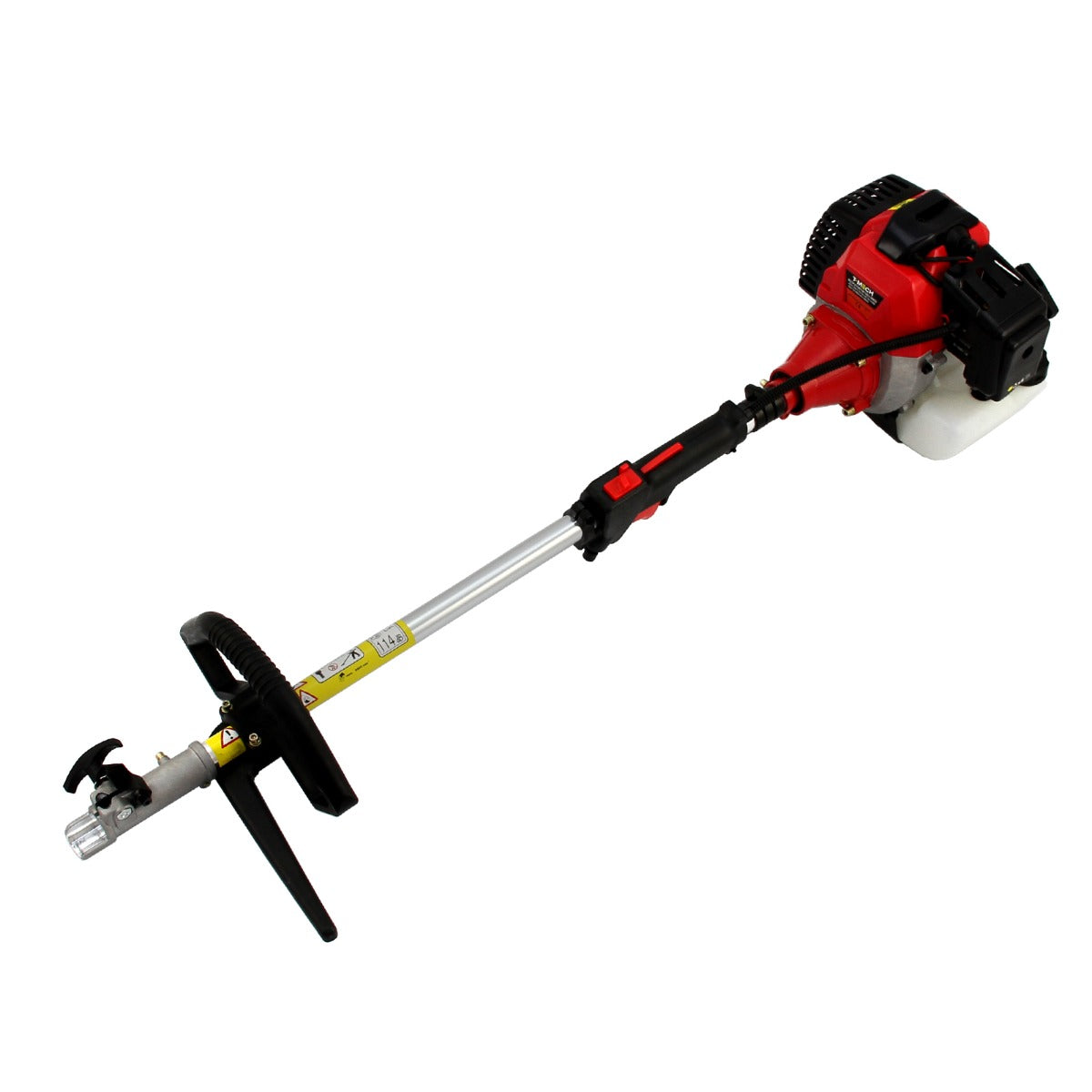 Una desbrozadora roja y plateada con mango y motor negros.
