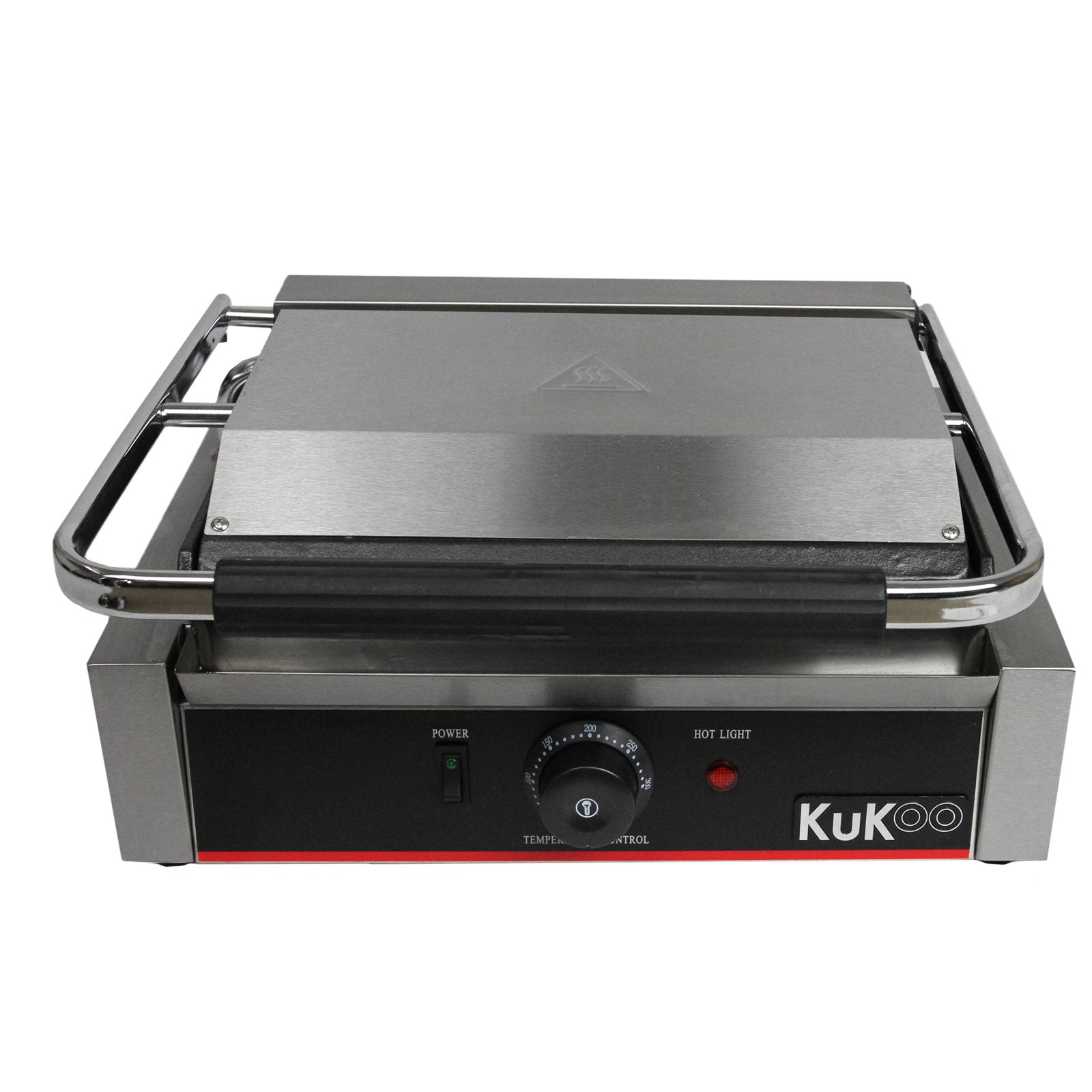 Una plancha para paninis de acero inoxidable con panel de control negro y asa plateada.
