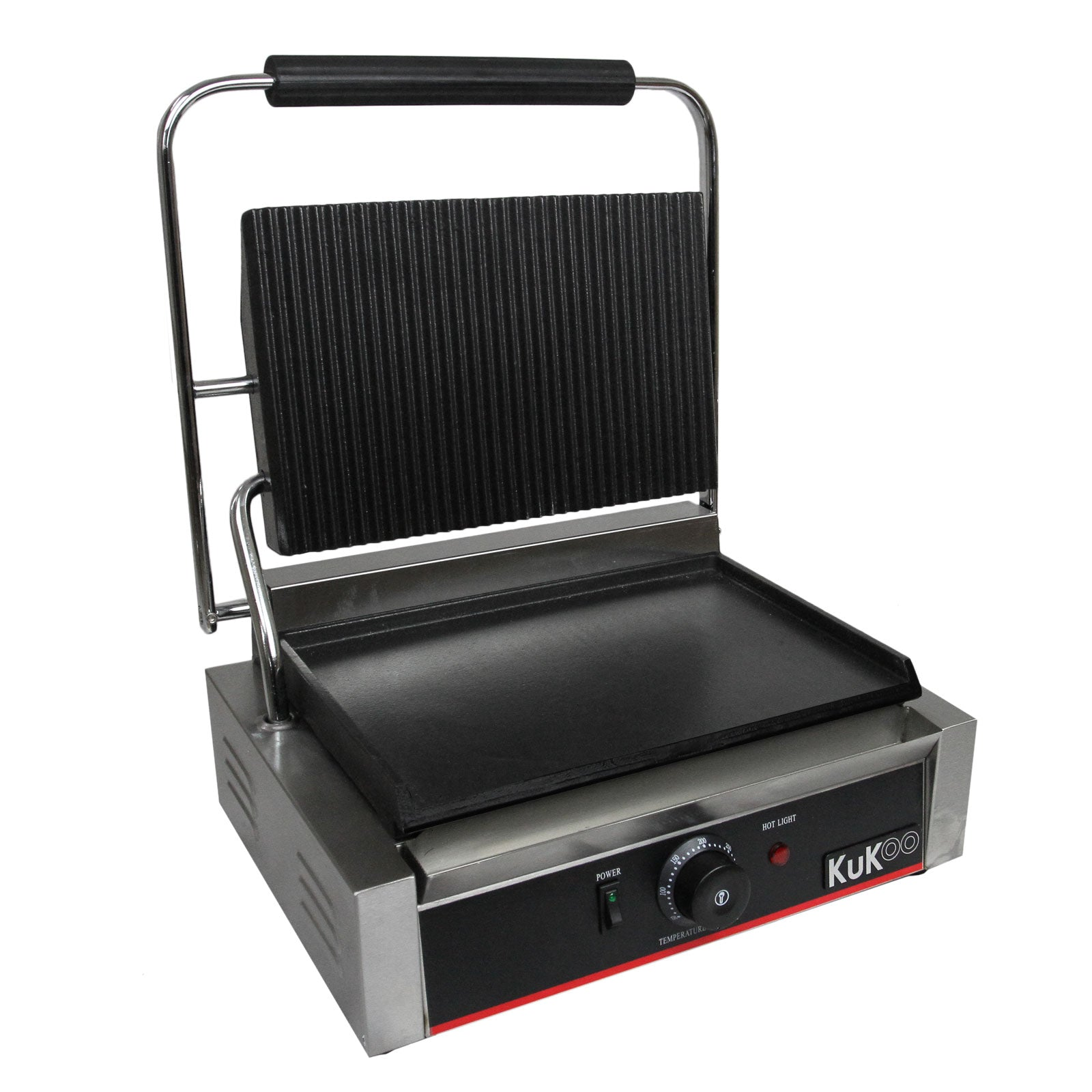 Una parrilla abierta de panini de acero inoxidable con placa superior acanalada y placa inferior lisa.