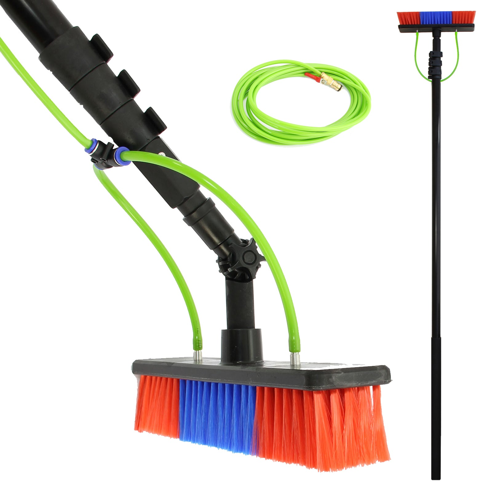 Un limpiador telescópico con cepillo azul y rojo, mangueras verdes y mango negro.
