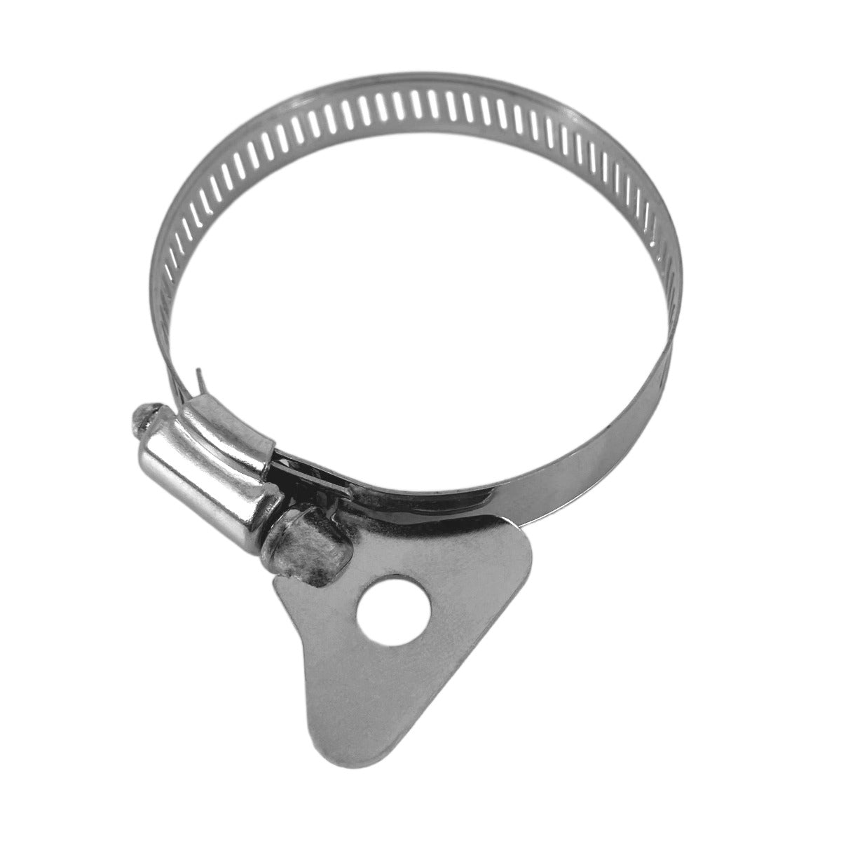 Una abrazadera de manguera plateada con tornillo y mango triangular.